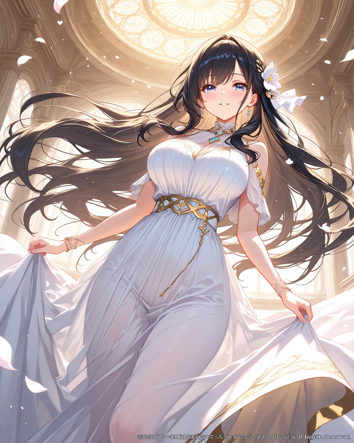 A mature woman,Long black hair,Bangs,White skirt,high quality,Beautifully,masterpiece