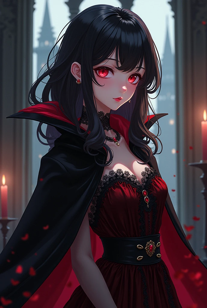 An elegant, ethereal vampire woman with piercing red eyes, long flowing dark hair, and pale, flawless skin. She is dressed in a luxurious, Gothic-inspired gown made of black velvet. Her sensual lips are painted a deep, blood-red color. The atmosphere is filled with an eerie, moonlit glow, casting mysterious shadows across the scene. The artwork is created using a combination of traditional oil painting and digital illustration techniques, resulting in a hauntingly beautiful portrait. The colors are rich and intense, with a dark, moody palette dominated by deep purples, velvety blacks, and hints of crimson. The lighting is dramatic, emphasizing the vampire woman's delicate features and adding an additional layer of mystique to the scene. The final image is of the highest quality, with intricate details, realistic textures, and a captivating sense of depth.