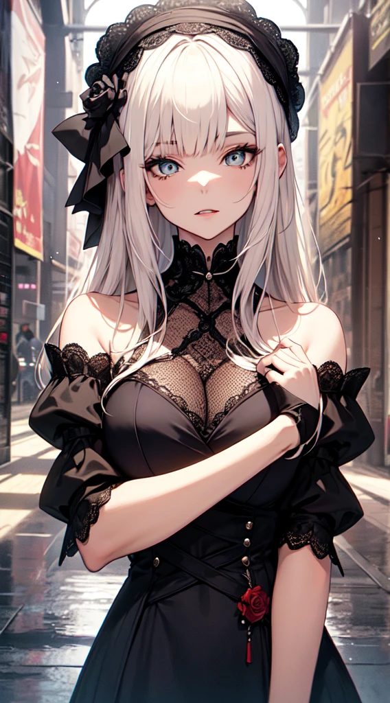((masterpiece)), ((highest quality)), Anime Style, One girl, alone, Most detailed skin, Lace blouse, corset, High Waist Skirt, Knee-high stockings, Tips for showing your lace underwear, Short heel boots, Choker to wrap around the neck, Lace bracelet on wrist, //, Surprised expression, Girl with a troubled face, Ecstasy, (sexual expression), smile, blush, Red face, //, Big Breasts, Voluptuous body, //, Twin tail hair, Pale lavender hair color, (Beautiful Eyes), White skin, //, Downtown, In front of the cafe, With people passing by, (Bold line:1.2)