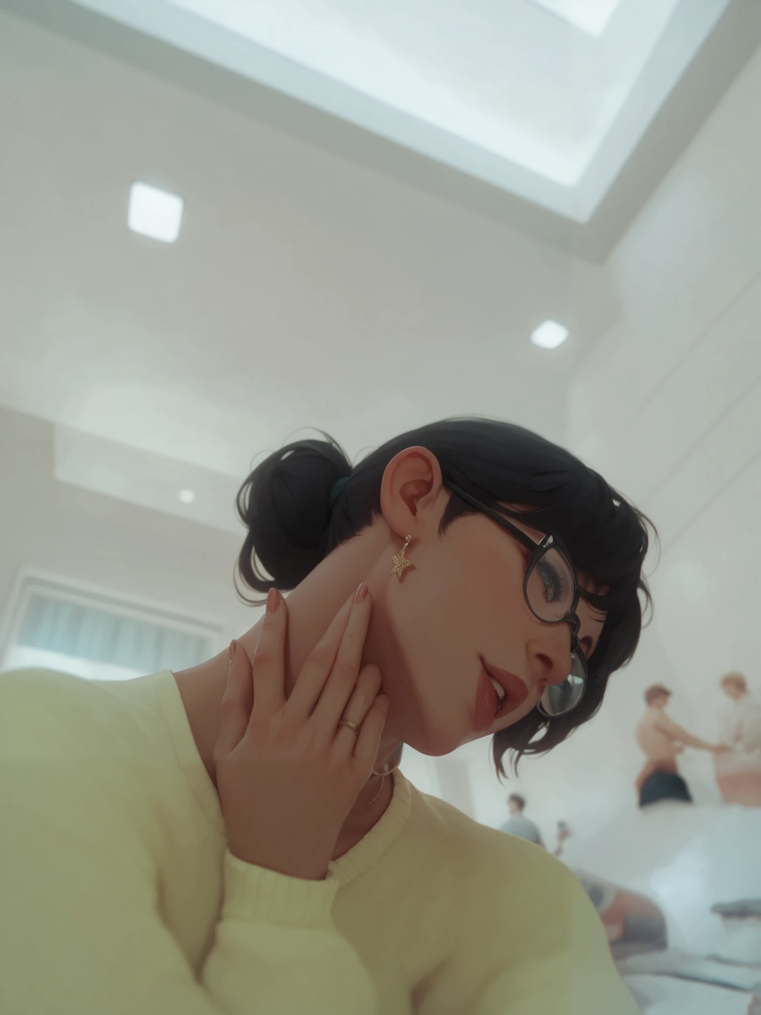 There is a woman with glasses sitting at a table with a laptop - SeaArt AI