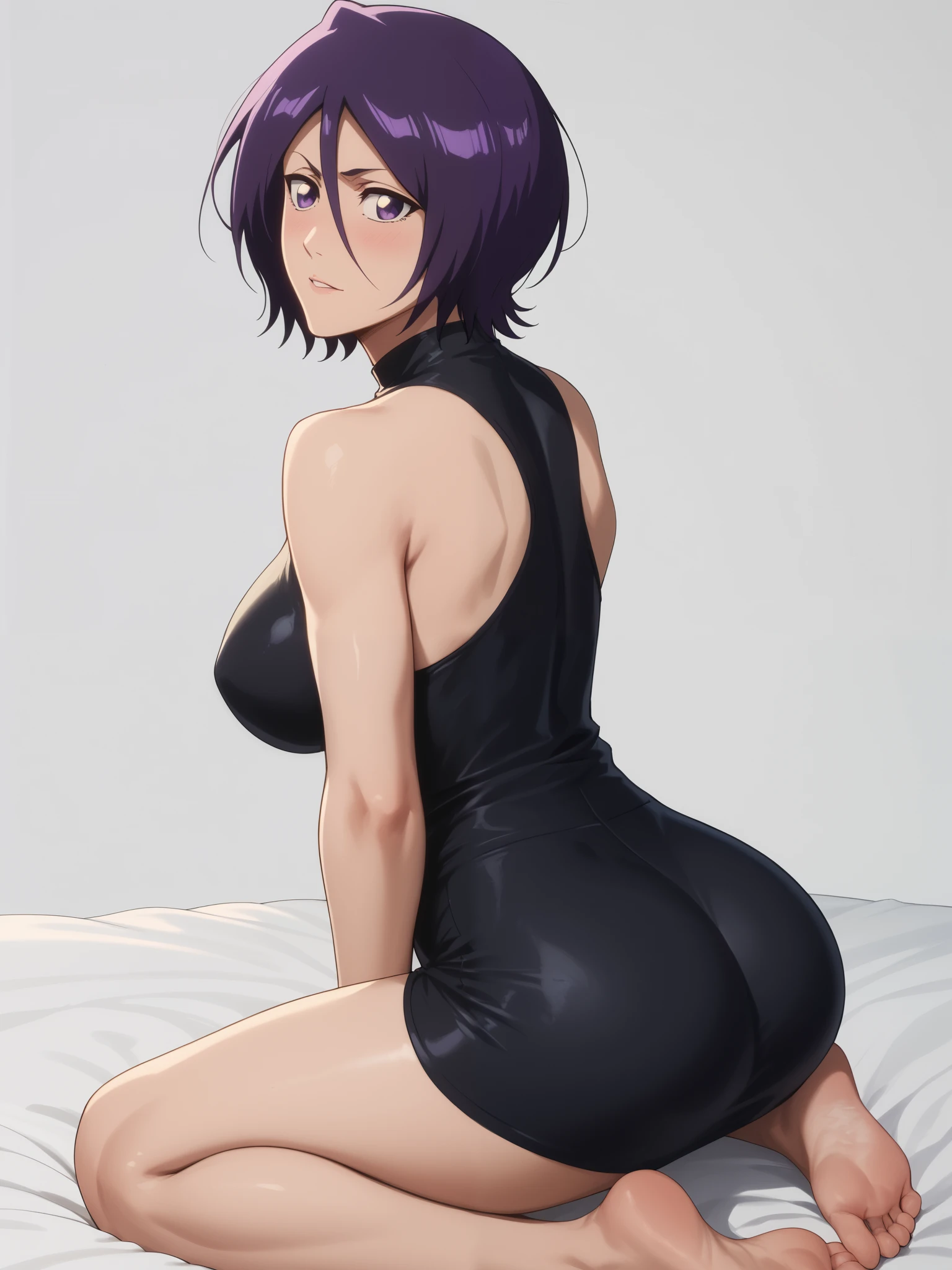  high-resolution ,  Masterpiece, precise,  Best Quality, high-resolution , white background, 1girl , mature, rukia kuchiki, shoulder-length hair with bangs and the bob cut, purple eyes, big breasts, blushing, short dress,  tight fitting , thick thigh, sitting on bed, on knees, bend over from behind and looking back at the viewers, 