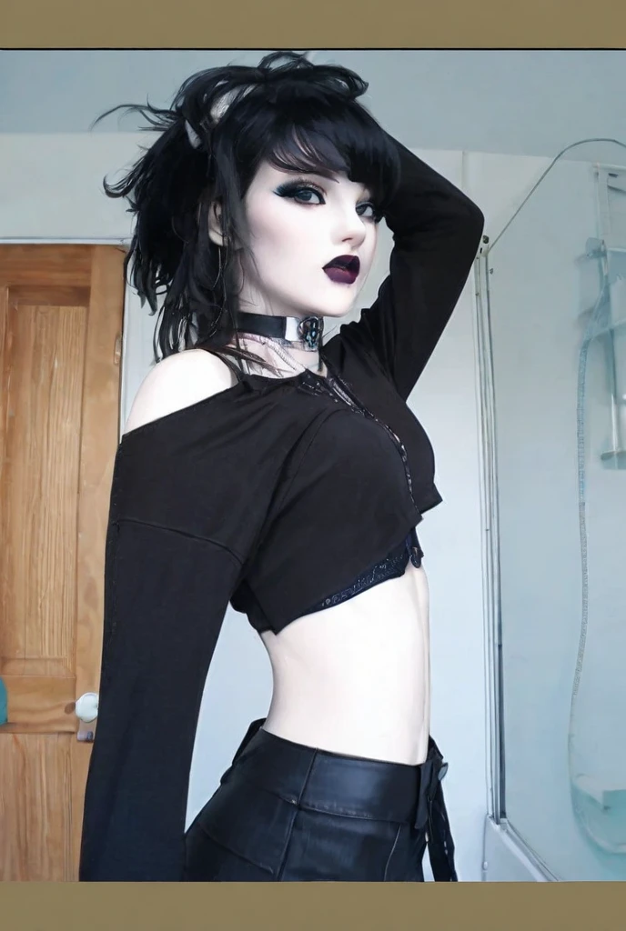 there is a woman that is taking a selfie in a mirror, goth girl aesthetic, amouranth, goth aesthetic, wearing cyberpunk leather jacket, inked, better known as amouranth, cyberpunk style outfit, cyberpunk outfit, young beautiful amouranth, seductive cyberpunk dark fantasy, with tattoos, jet black haired cyberpunk girl, sexy look, very beautiful goth top model