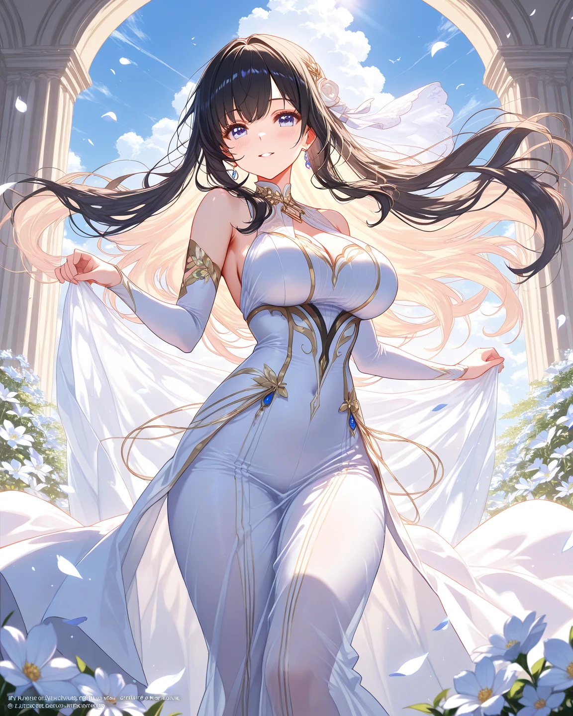 ((anime artstyle)),(((Masterpiece))), ((Best Quality)), ((Super Detail)), Illustration, (((Very Delicate and Beautiful))),Dynamic Angle,Looking at viewer,((((Solo)))),June bride,(((1 arrogant empress in white wedding dress having a wedding ceremony in a flower field outside a church))), in the flower garden,((((Full body)))),(standing),(((smile))),Purple eyes,(Sharp eyes),Detailed Face, Long Eyelashes,Jet Black Hair,(Straight Hair),((Very Long Hair)),Bangs between eyes, (((gigantic breasts))),cleavage,skindentation,curvy,See-through,(((fusion of white wedding dress and white rococo ball gown))),((fusion of white wedding dress and white princess dress)),(fluffy white wedding dress with gorgeous embroidery),((hoop skirt)),long skirt,corset,crinoline,(long wedding veil),opera gloves,finely decorated jeweled big tiara, gem earrings,finely decorated necklace,Beautifully jeweled ornaments,outdoor,sky, ((white lily flowers)), flower petals flowing, flowers,(floating church),light particles,