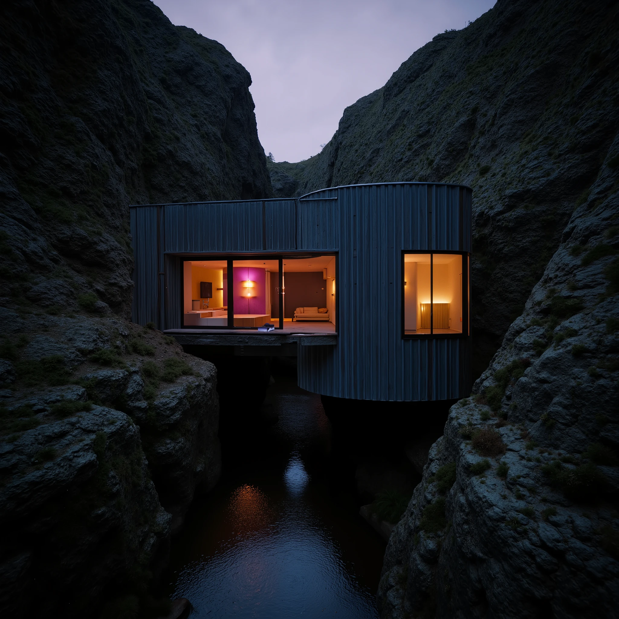 Spectacular mind bending underground post apocalyptic living, unorthodox and unusual living spaces++, a black corrugated steel brutalist 70s retro sci-fi futuristic research pod, intricately built with huge black support beams, tucked and wedged into between a huge Scandinavian mountain rock and a vertigo induced chasm with an awe insouring rock gorge above, cinematic drone photography, it’s an immersive and surreal experience, experimental post-architecture, (Inspired by the Juvet Landskapshotell design, surreal sci-fi styles—Snøhetta, MVRDV, and Herzog & de Meuron, paradoxical builds++, (magnificent 3d world building), (highly detailed and photorealistic), an epic composition, cinematic light, dramatic scale, asymmetrical proportions, majestic, complex forms, beautifully ominous futuristic analog design, create a sense of psychological unease using dreadful scale, claustrophobic angles and surreal and fascinating POVs, (gritty, moody and atmospheric), vivid immersive landscape and dreamy sunset, (unnerving vibes with dynamic, mind bending proportions ), awe inspiring post human architecture, (fantastical retro sci-fi living aesthetic), intricately built with remarkable precision and supreme intelligence, in this unsettling black void, a warm amber glow with pink, yellow and blue and purple hues with long gritty shadows, beautifully illuminated interior lighting, immaculate and accurate interior details, (huge bay windows, breathtaking panoramic views), this fantastic analog futuristic underworld is a truly surreal and visually immersive experience and architectural wonder, inspired by the work of Atelier Bow-Wow, Snøhetta, MVRDV, Herzog & de Meuron, Diller Scofidio + Renfro and Toyo Ito & Associates, Tadao Ando, Kengo Kuma, highly detailed photorealistic visual concept art rendered in HD using Octane Render,