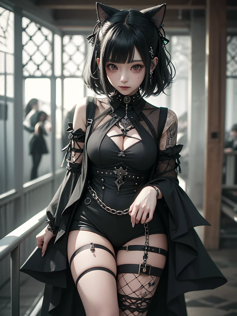  A gothic punk goth girl, perfect face, beautiful Asian woman with long White hair in curls and coils, very cute and           beautiful girl, (highly detailed beautiful face), high detailed fingers, (Blood Red corset) detailed face, curled white hair
]cowboy shot, looking at viewer, Standing, white panties. intricate details, cinematic scene, detailed background, solo, dynamic angle,  ((beautiful big blue eyes looking down at the viewer, black shiny lipstick, perfect Asian goth cyber makeup)) double d breast, detailed cute face, white hair, gothic punk fashion, highly detailed gothic fashion, short skirt, heavy make up,),(dark black lipstick), size, Backlight effect, lens flare, depth of fields, blurry background, Detailedface,1 girl, Detailed eyes, ,(thigh up shot image :1.5), Black gloves, climbing stairs, looking back over her shoulder