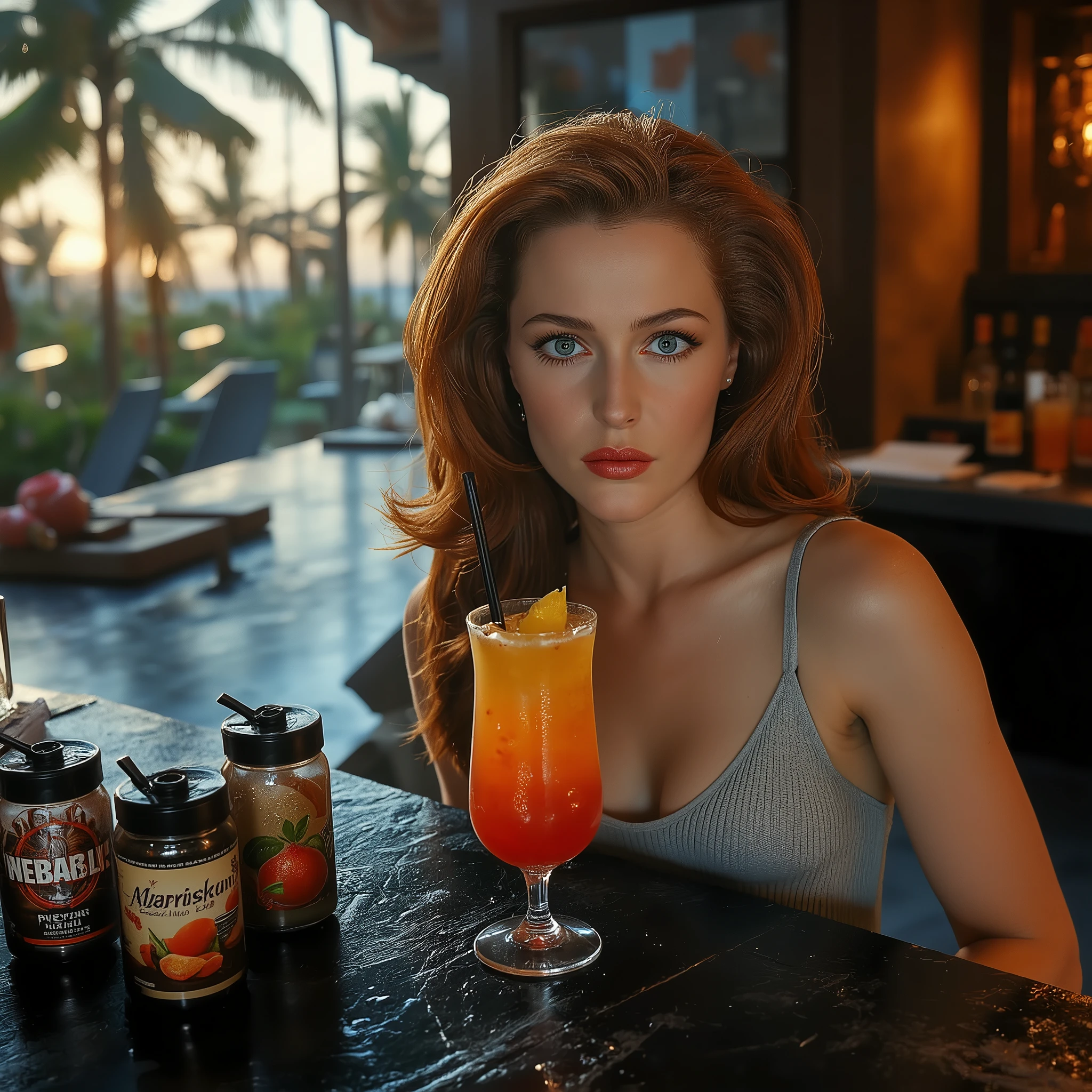 (vue plongeante d'une magnifique femme cheveux long, la femme est très excitée),la femme dégouline de sueur ((proportion parfaite)), servant des cocktails multicolore au comptoir d'un immense bar en longueur style dancing retro futurisme 1960, high détails, 8k, vue sur la baie de Hawaï, rendu photographique de haute qualité, ambiance lumineuse chaude journée d'été plein soleil
