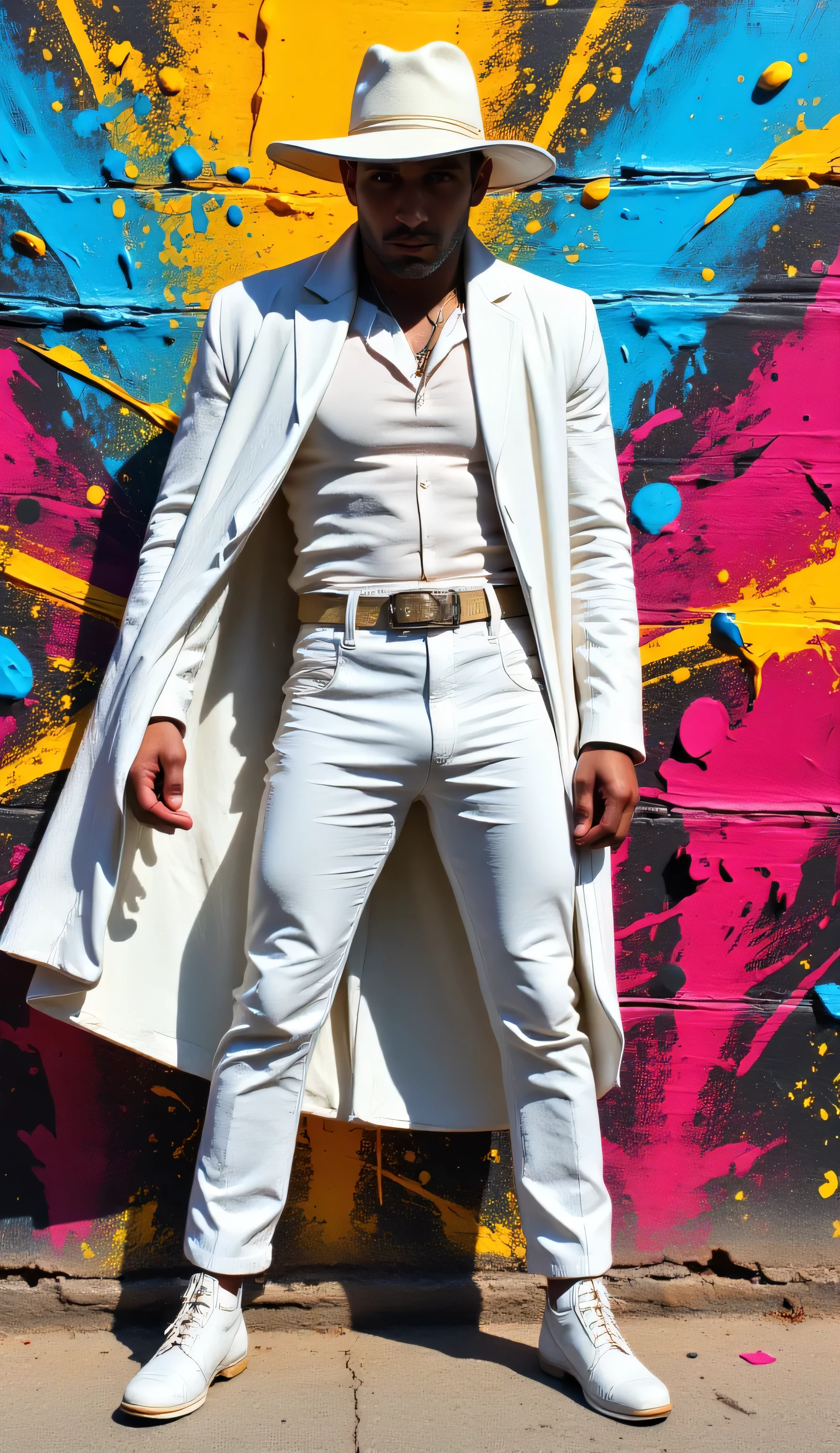 Tall guy in a white cowboy suit, standing with a confident pose. A wide-brimmed hat , long cloak, spur boots. Background — bright street graffiti with neon shades. Image style — street art, with rude strokes, with spray stains and contrasting colors.