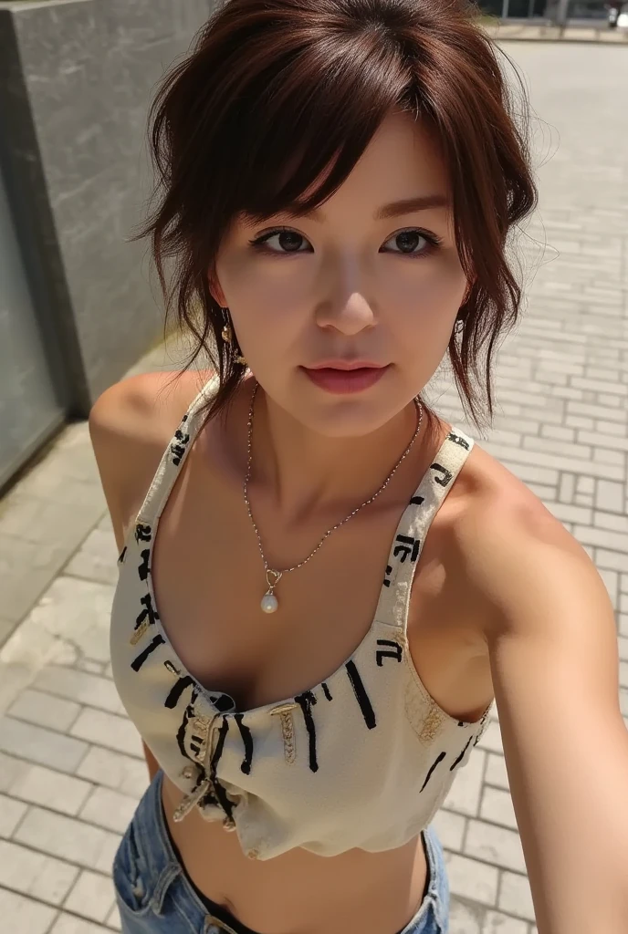 ((Highest quality, 8K, masterpiece :1.3)), (Sharp focus :1.2, Beautiful woman with perfect figure :1.4, Slim Abs :1.2), ((Big Breasts, Emphasize cleavage:1.3)), (Photorealistic:1.4), (realistic:1.4), (Short Bob Hair, Light brown hair:1.5), Highly detailed face and skin texture, Fine grain, double eyelid. Makeup face, A little bit of lipstick, necklace, Earrings, sex appeal, Sexy gravure pose, ((Beautiful woman in yellow lingerie、Colourful Market、Cheerful smile、A pose where the straps of the lingerie are slightly shifted。:1.3)