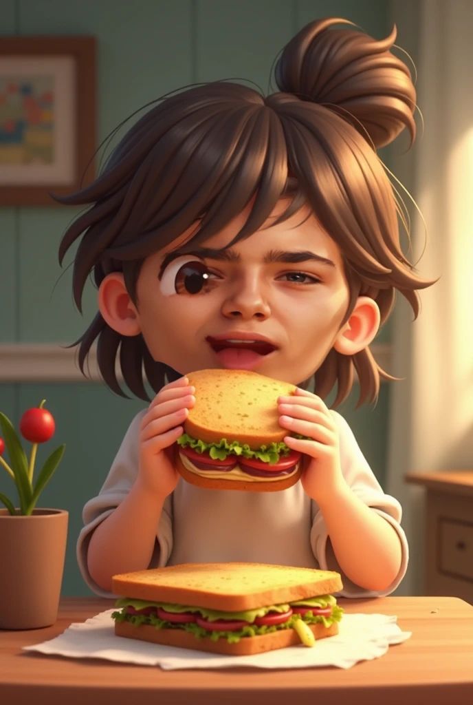 dark skinned teenager with short black hair and brown eyes eating hamburger