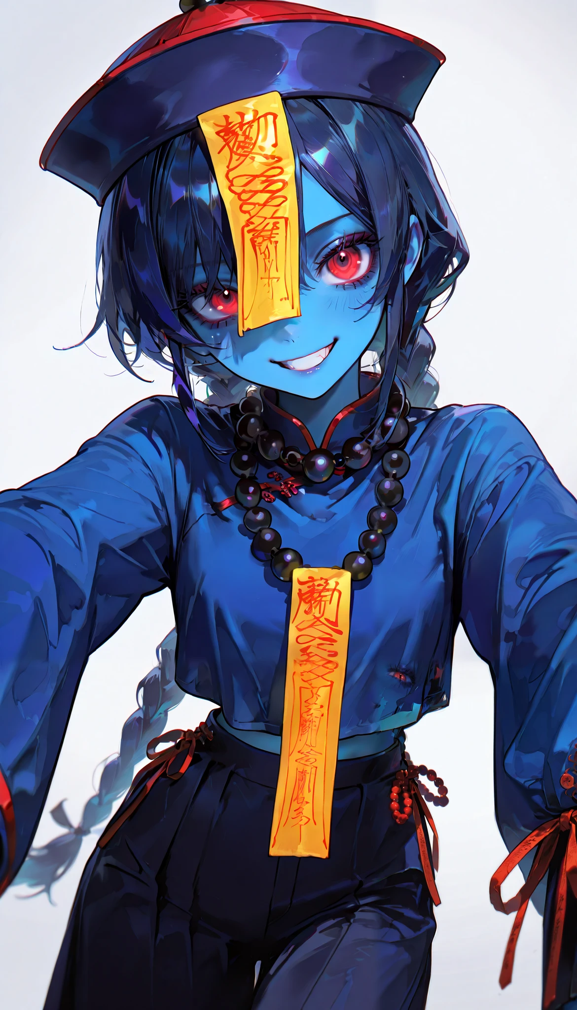 ( masterpiece, ultra high definition , Top Quality , clear focus , shadow, Ultra High Resolution, 8k, Perfect Anatomy) , perfect face, ( detailed face ), ( detailed eyes ), beautiful woman, adult woman, natural lights, ((jiangshi girl)), (jiangshi talisman on face, Mala Bead necklace, braided hair), (red eyes, dark blue hair, cheeky grin, dynamic angle), (((blue skin all over, fully clothes)))