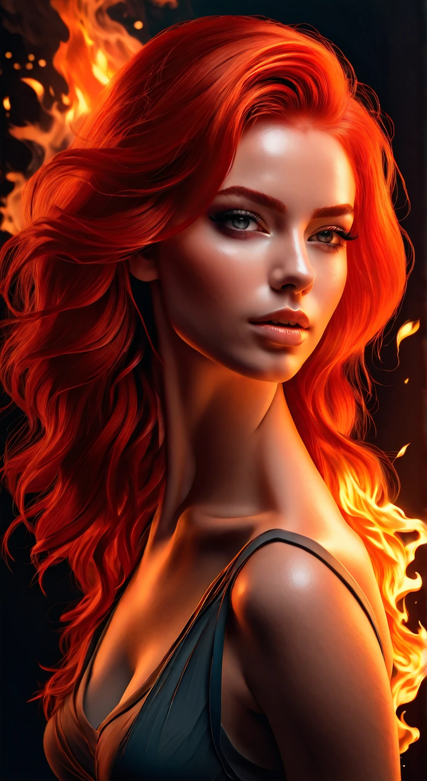 An extremely beautiful woman completely made out of burning flames and lightnings, long windy hair, wearing a silky flowing dress, her whole body is on fire, her skin looks like a volcanic lava, expression agony, in the style of Ilya Kuvshinov and Guweiz, Medium shot, vivid, intricate, highly detailed, insanely beautiful, 8K, uhd, Cecile Agnes, Carne Griffiths, digital painting.