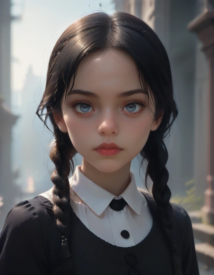 an extremely detailed digital illustration, high resolution, masterpiece, (of Chr1st1naR1cc1 as Wednesday Addams), black hair, (twin braids:1.2), cowboy shot,
long hair, looking at viewer, (black onepiece with white polka dots, with white collar), bangs, black eyes, short sword, grumpy face, glaring, from above, front view,
at night, dark ambient lighting, , <lora:Chr1st1naR1cc1v11:0.75>, <lora:Wednesday Addams:0.25>wednesday addams, lightning <lora:add_detail:0.5>