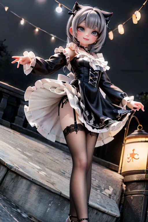 8k ultra-seiko white shirt with big white rabbit ears, beautiful legs, black silk tight skirt, bare feet, plain makeup, white hands, white lace gloves, girly look, short hair