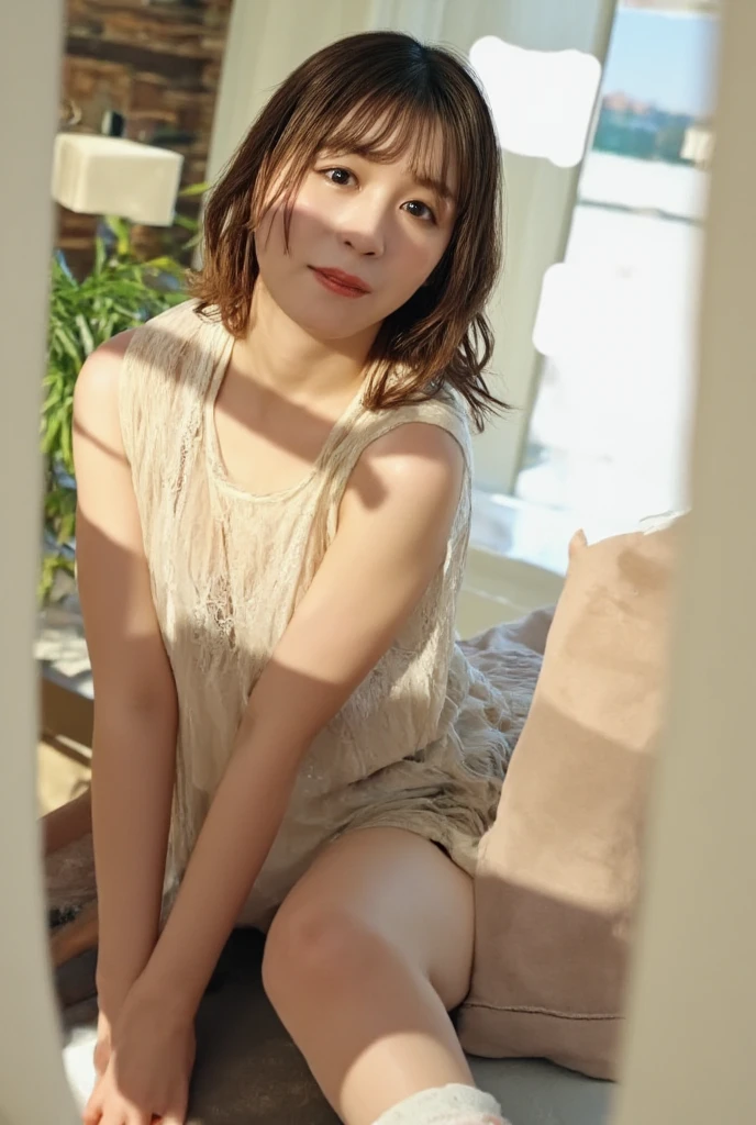  ((Extremely precise and accurate anatomy:1.0)), (photo Realistic:1.4), (hyper Realistic:1.4), (最高品質のRealisticな肌の質感:1.4), (Improvement of quality:1.4), (Enhances the beauty of skin texture:1.1), Clean and glowing skin, mesh, thin:1.2, (Realistic:1.3), Realisticなライティング, (Smoother lighting:1.05), (Improving the quality of cinema lighting:0.9), Backlight, A gentle light on your face, Ray Tracing, (Bright light:1.2), 32K, One Japanese woman, fine grain, Detailed face, (Film Grain:1.1),(Accentuates body lines:1.1), High resolution, Natural look, Kind eyes, Improves hair quality, Delicate light and shadow, Transparent muscles, Graceful pose, Beautiful Eyes, Sharp details, Soft light reflection, Beautiful contours, Delicate skin tone, Fine hair texture, Natural background,  ,(((Downward))),((Spread your legs)),A loose-fitting camisole,barefoot,One Girl,Realistic,Bedroom、Looks sleepy