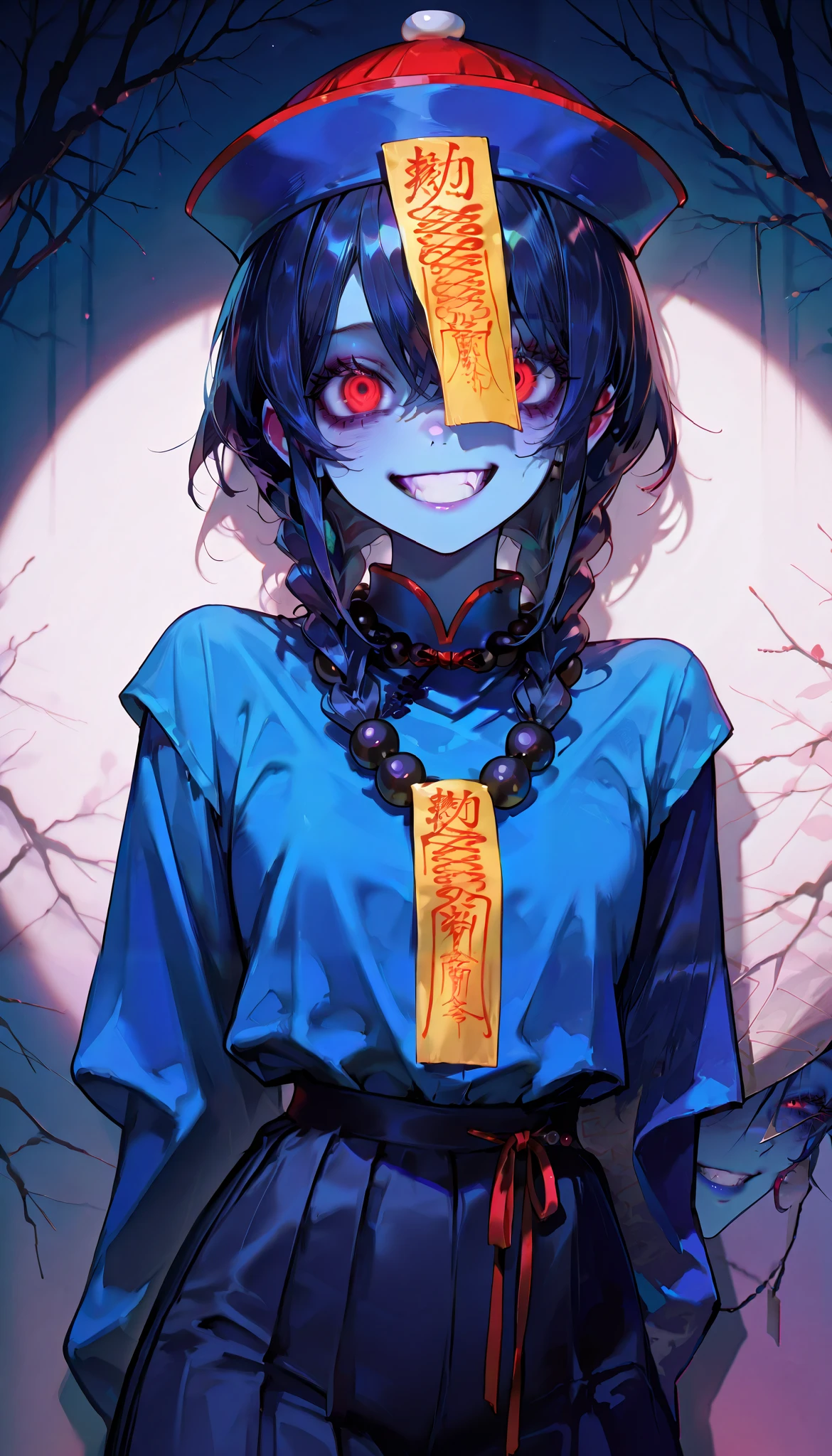 ( masterpiece, ultra high definition , Top Quality , clear focus , shadow, Ultra High Resolution, 8k, Perfect Anatomy) , perfect face, ( detailed face ), ( detailed eyes ), beautiful woman, adult woman, natural lights, ((jiangshi girl)), (jiangshi talisman on face, Mala Bead necklace, braided hair), (red eyes, dark blue hair, cheeky grin, crazy expression, dynamic angle), (((blue skin all over, fully clothes))), dark forest background