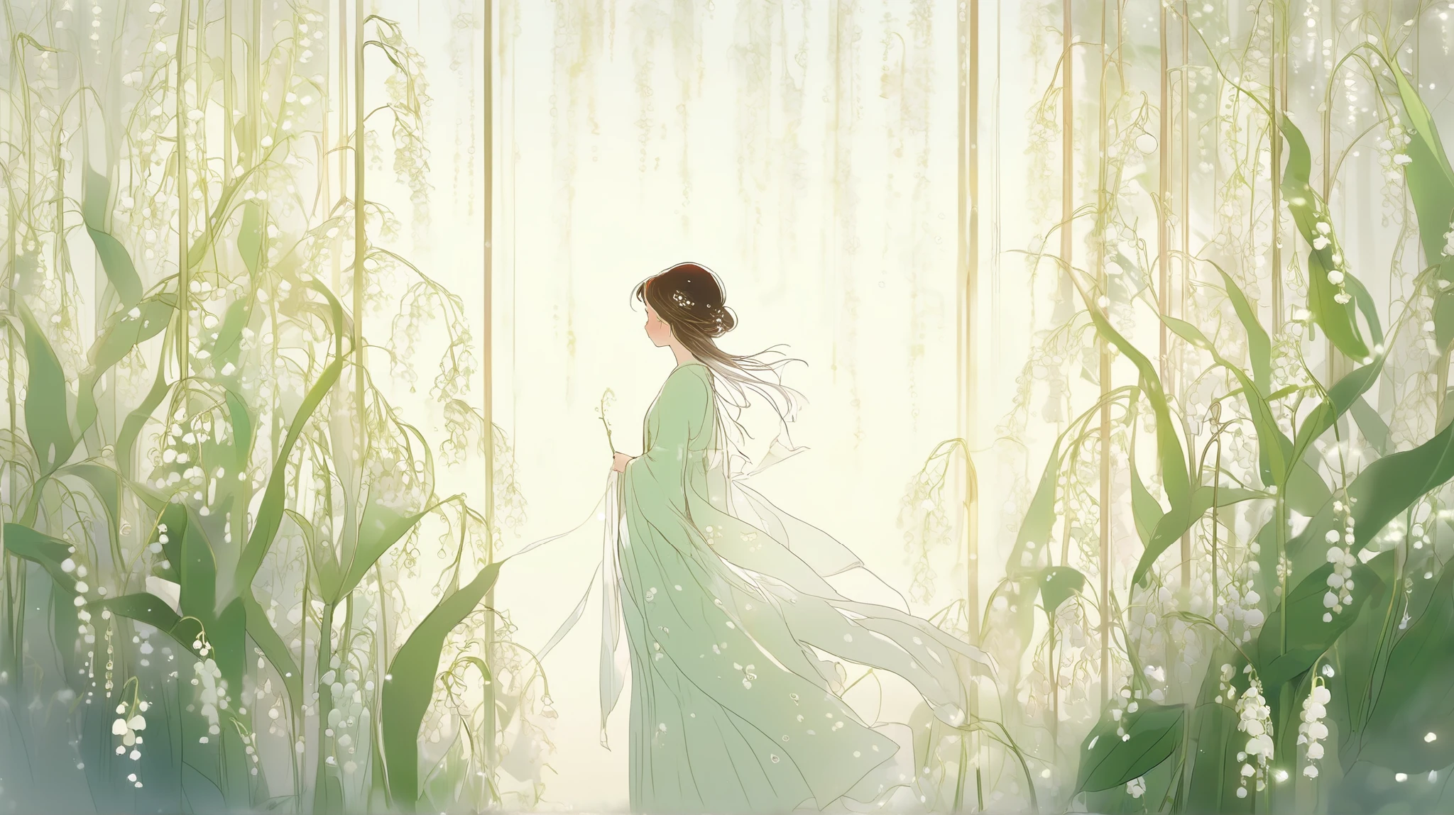 loish and pascal campion art, an ethereal scene of lily of the valley blooming soft white bell-flowers gently drooping like tiny tranlucent porcelain chimes, their fragrance lingering in the silver air. A quiet breeze stirs the leaves, dew glistening like pearls on stems, while warm morning light filters through a veil of haze, creating halos of glow around each flower. A young woman in a flowing rose dress stands nearby, eyes closed, as if listening to the chime of unseen spirits. The scene radiates sweetness and grace, with the stillness of a dream just before waking. Subject: lily of the valley in a soft morning glade 8k resolution, delicate light diffusion, pale tuquoise and coral palette, gentle movement, glowing vignette, traditional Japanese sensibility, surreal ambiance, ephemeral mood, trending on ArtStation, dreamlike stillness, floral symbolism, subtle highlights
