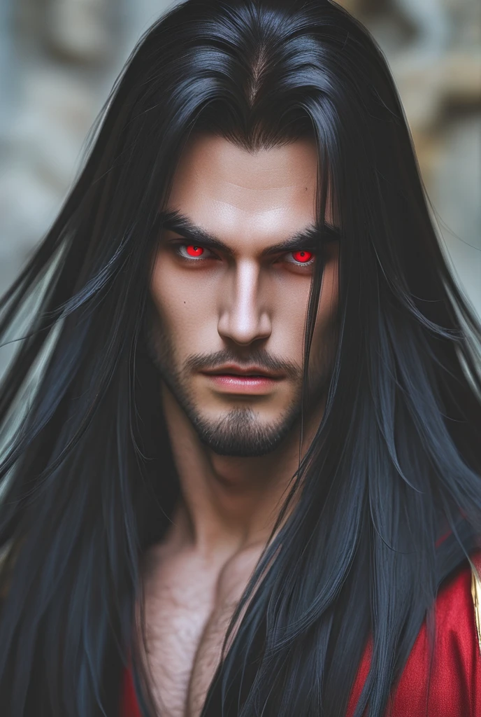 male, vampire, black long hair, red eyes, beard, tattoos, muscular, rococo, trending on artstation, sharp focus, studio photo, intricate details, highly detailed, by greg rutkowski
