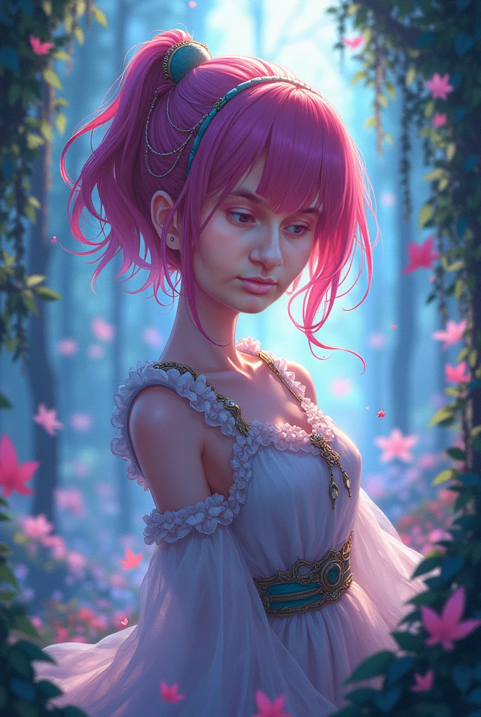 (Mejor calidad,4k,high resolution,obra maestra:1.2),ultra detallado,Realista,estilo animado,vistoso,Pastel color scheme,Soft lighting,hermosos ojos y labios detallados,cabello rosado,peinado trenzado,ojos rosados,with a blue scarf,fondo azul pastel,ropa de aventurero,cara expresiva,postura segura,lush greenery environment,Japanese garden atmosphere,subtle cherry blossom petals,faldas vaporosas,elementos de fantasia,ethereal atmosphere