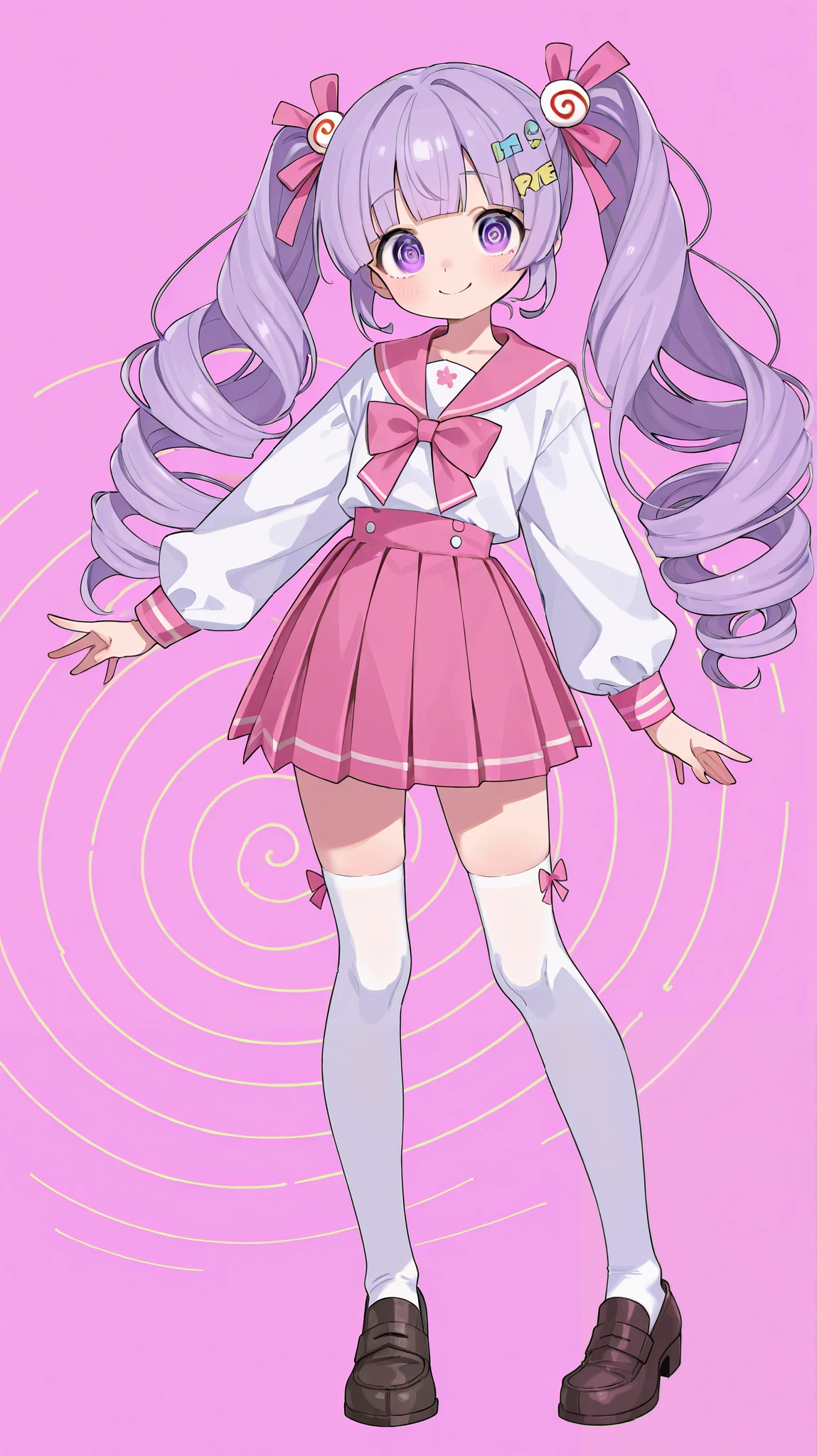 one girl。full body standing picture。pink sailor suit。pleated skirt。white knee-high socks、loafers、Her hair is purple、spiral curls、twin tails、Long straight bangs、Purple eyes、patchy eyes、smile、stupid hair、smile、full of energy、pink ribbon hair accessories