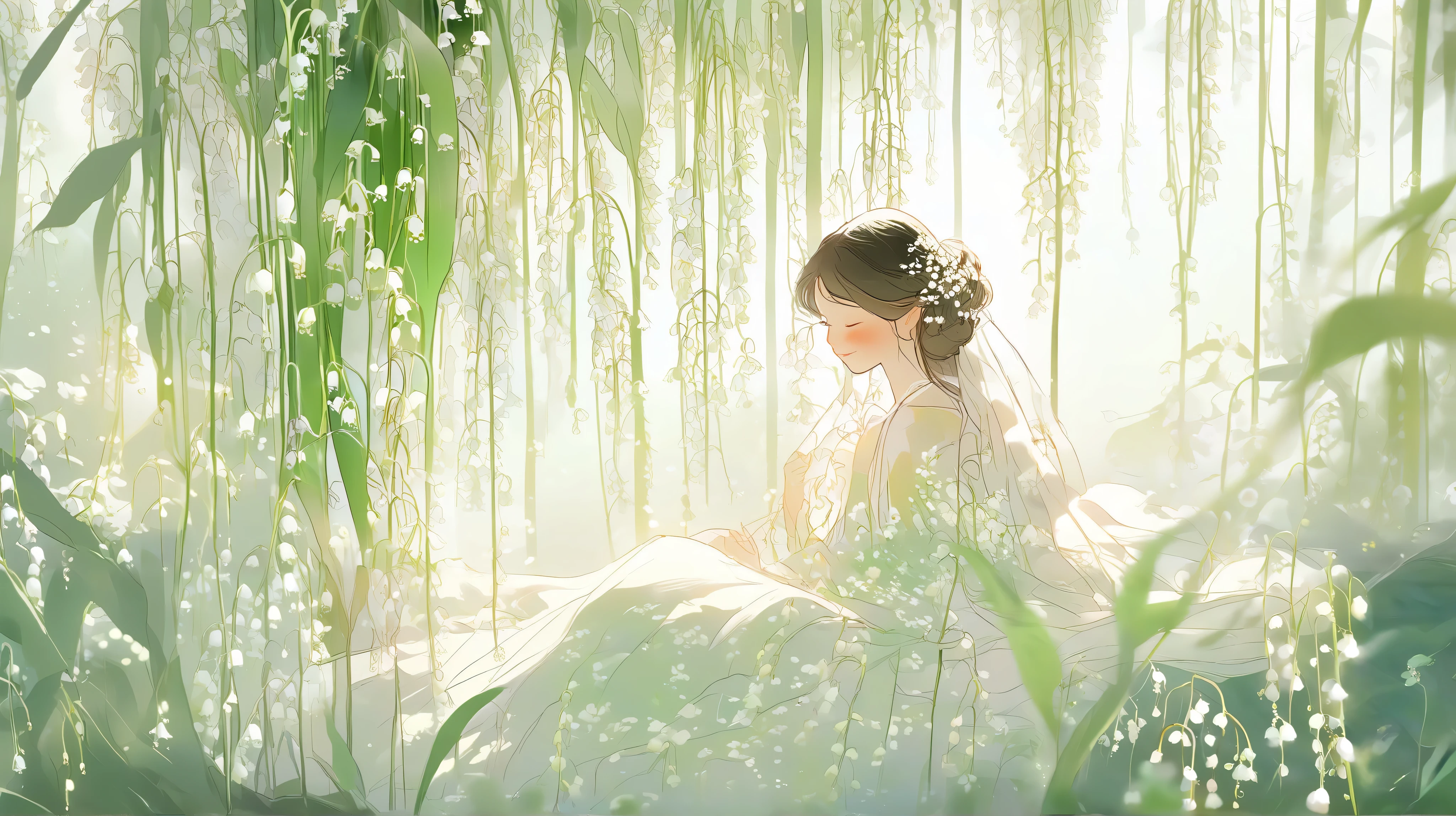 loish and pascal campion art, an ethereal scene of lily of the valley blooming soft white bell-flowers gently drooping like tiny tranlucent porcelain chimes, their fragrance lingering in the silver air. A quiet breeze stirs the leaves, dew glistening like pearls on stems, while warm morning light filters through a veil of haze, creating halos of glow around each flower. A young woman in a flowing rose dress stands nearby, eyes closed, as if listening to the chime of unseen spirits. The scene radiates sweetness and grace, with the stillness of a dream just before waking. Subject: lily of the valley in a soft morning glade 8k resolution, delicate light diffusion, pale tuquoise and coral palette, gentle movement, glowing vignette, traditional Japanese sensibility, surreal ambiance, ephemeral mood, trending on ArtStation, dreamlike stillness, floral symbolism, subtle highlights