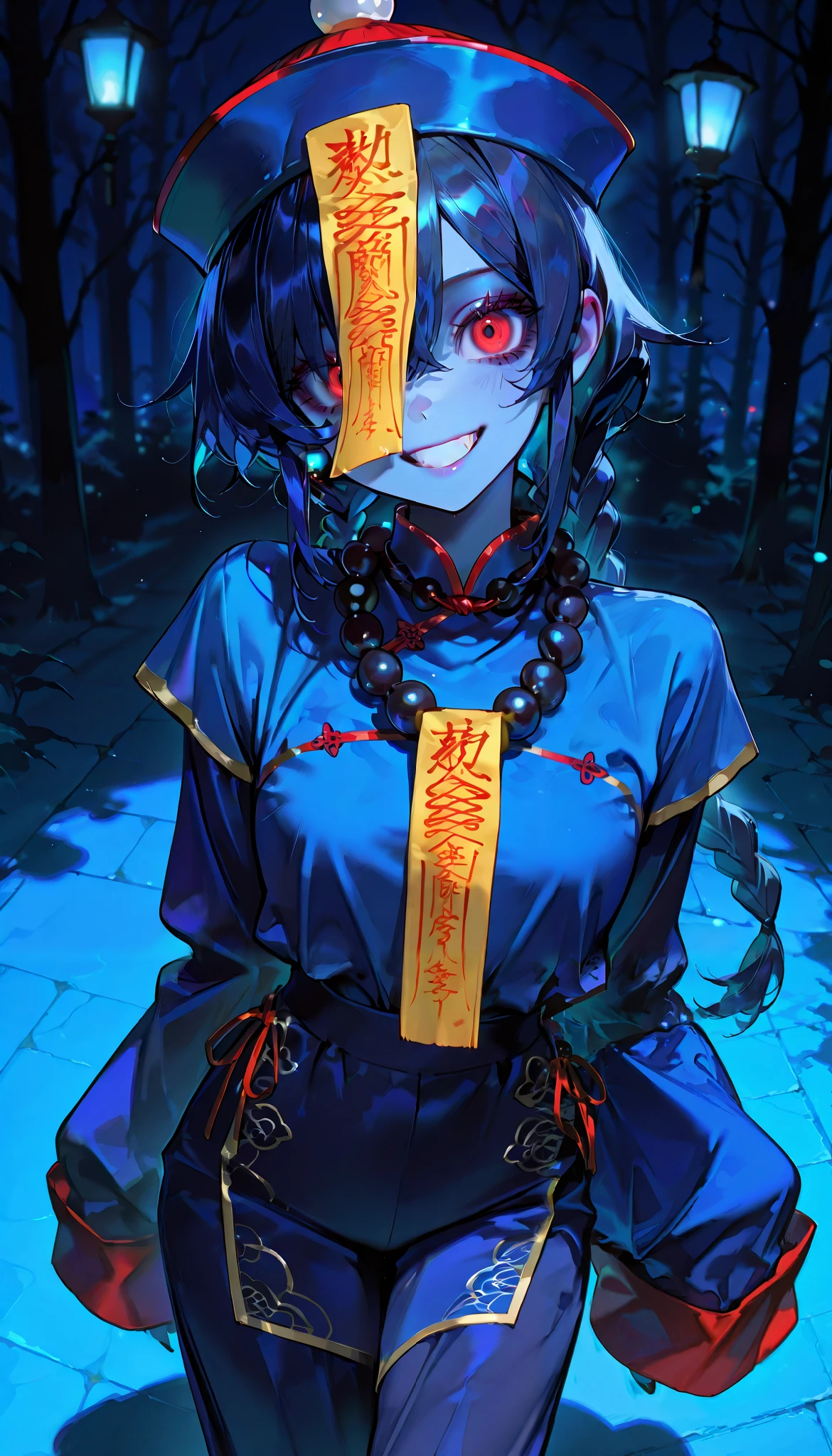 ( masterpiece, ultra high definition , Top Quality , clear focus , shadow, Ultra High Resolution, 8k, Perfect Anatomy) , perfect face, ( detailed face ), ( detailed eyes ), beautiful woman, adult woman, natural lights, ((jiangshi girl)), (jiangshi talisman on face, Mala Bead necklace, braided hair), (red eyes, dark blue hair, cheeky grin, dynamic angle), (((blue skin all over, fully clothes))), dark forest background, solo, alone, 1woman