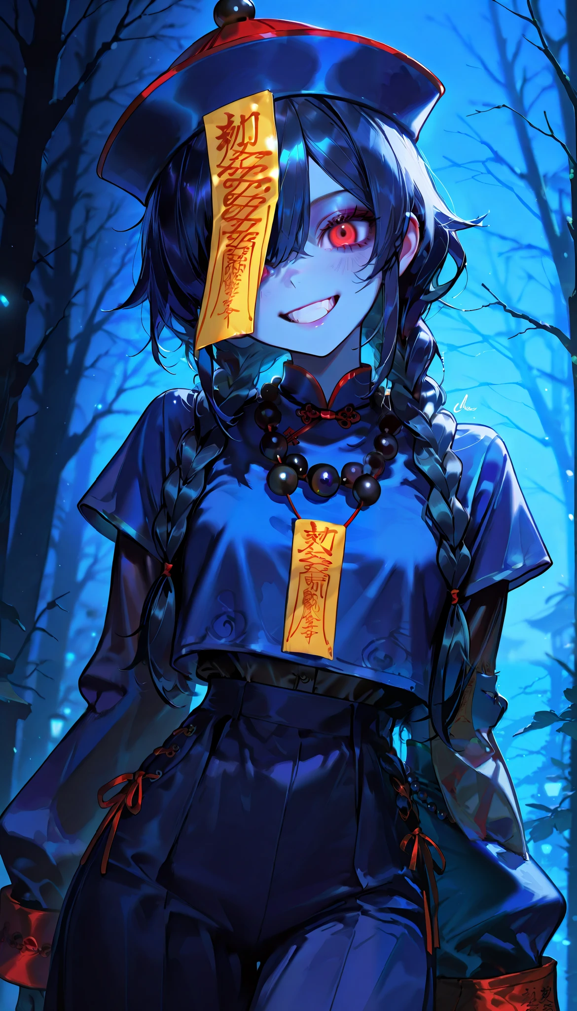 ( masterpiece, ultra high definition , Top Quality , clear focus , shadow, Ultra High Resolution, 8k, Perfect Anatomy) , perfect face, ( detailed face ), ( detailed eyes ), beautiful woman, adult woman, natural lights, ((jiangshi girl)), (jiangshi talisman on face, Mala Bead necklace, braided hair), (red eyes, dark blue hair, cheeky grin, dynamic angle), (((blue skin all over, fully clothes))), dark forest background, solo, alone, 1woman
