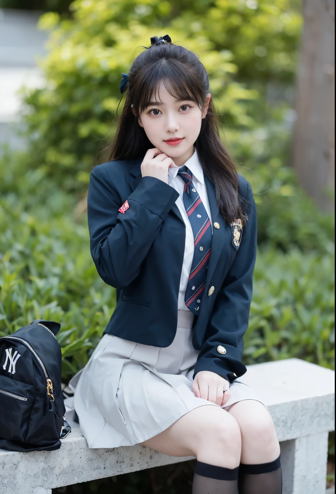 8k), (highest quality: 1.2), (Realistic), (Realistic: 1.37), Ultra-high resolution, (1 girl), cute, A shy smile, Mouth closed,Red cheeks with embarrassment, Beautiful details, Beautiful Nose, Black twin tails,Giant Dulcefo, pork, Thighs,Self Snap,University Uniforms,blazer,Pleated skirt,(The skirt is tartan check pattern....:1.3),(Sitting:1), Sitting on the ground in the city at night,(Hold my feet:1),From above,Bring your face closer