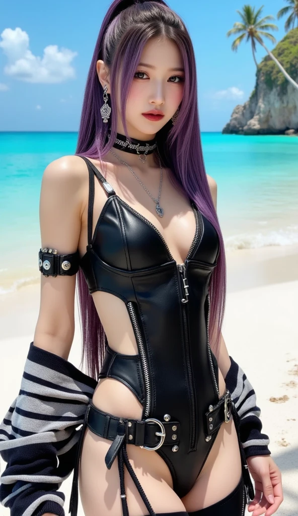 (8k), (highest quality), (best details)thundercloud、middle of the pacific ocean、sunken ship in the background、crystal ball、tattooed all over the body、There is a beautiful Dutch girl with purple hair and pigtails.、night sky、black swimsuit、Green Eyes、