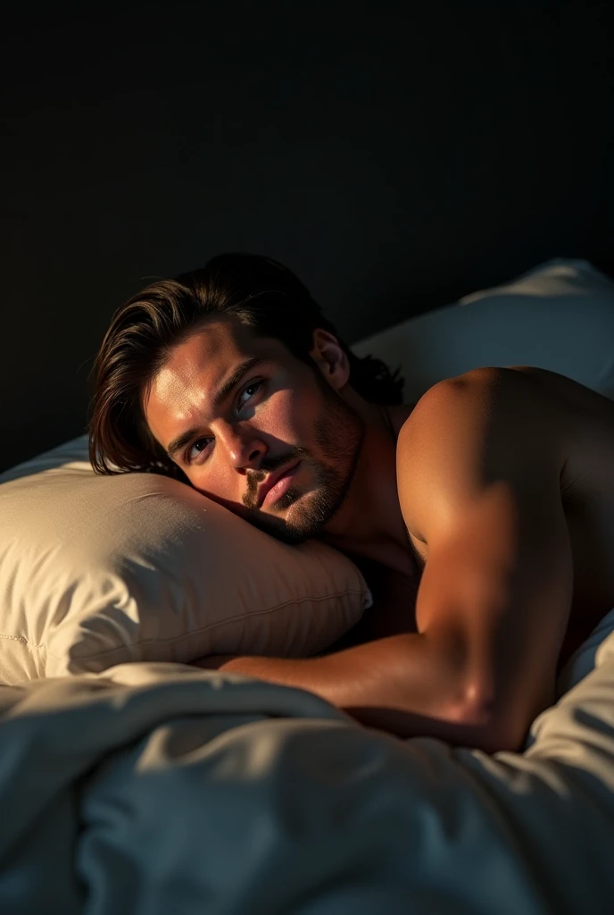 Muscular guy lying in his bed with no inner rumour and a long and cute penis leaking a