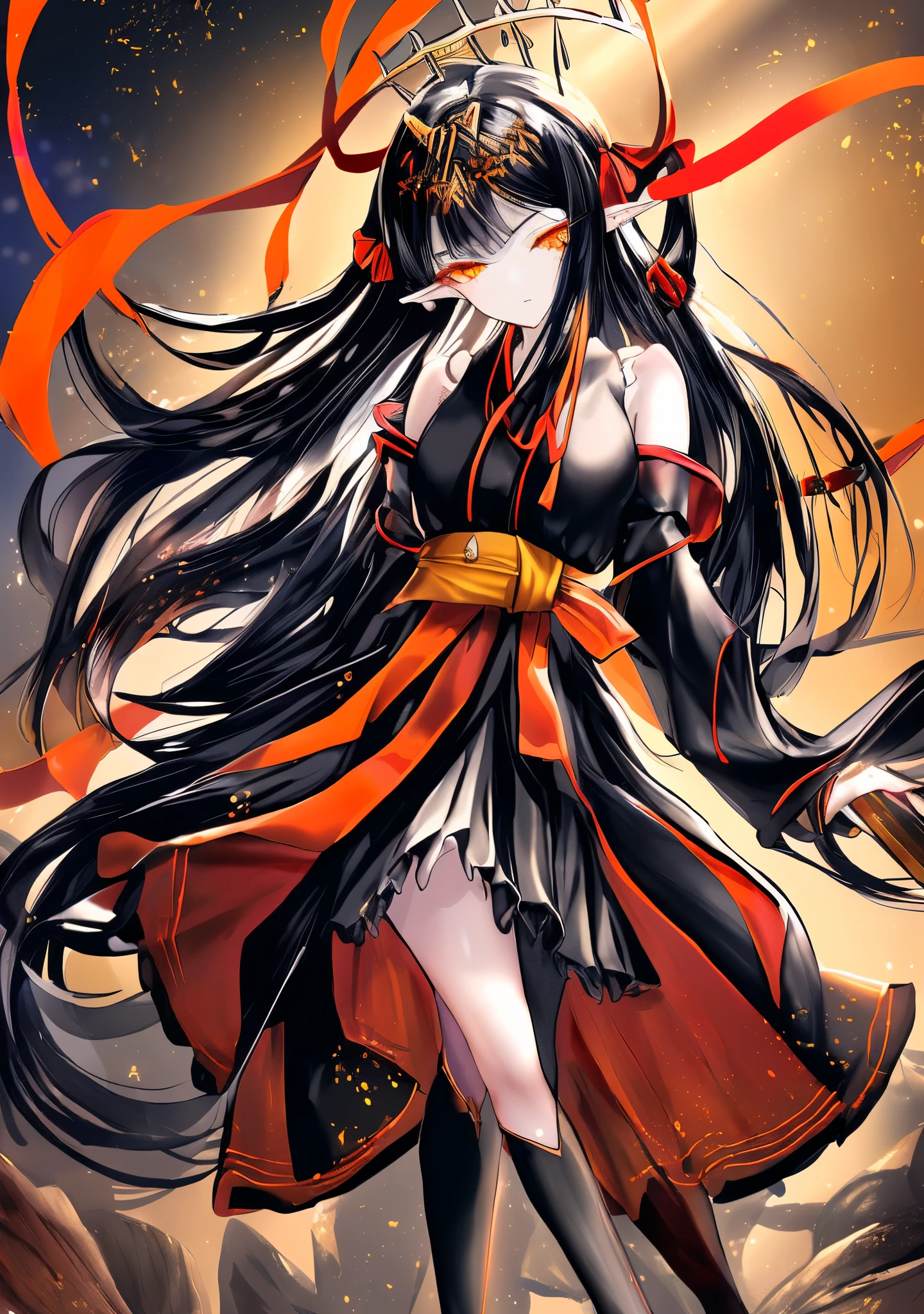 Young Woman. orange eyes. long black hair. Small corals as hair adornment. Golden halo behind the back.  medium size bust . An arm with a black iron bracelet. An arm with an elastic sleeve (up to the forearm). Traditional black yukata belt (with red ribbon ). above the waist: white clothes. below the waist: blue dress. Detailed pantyhose. A leg with a black leg. black high heels. pointy ears
