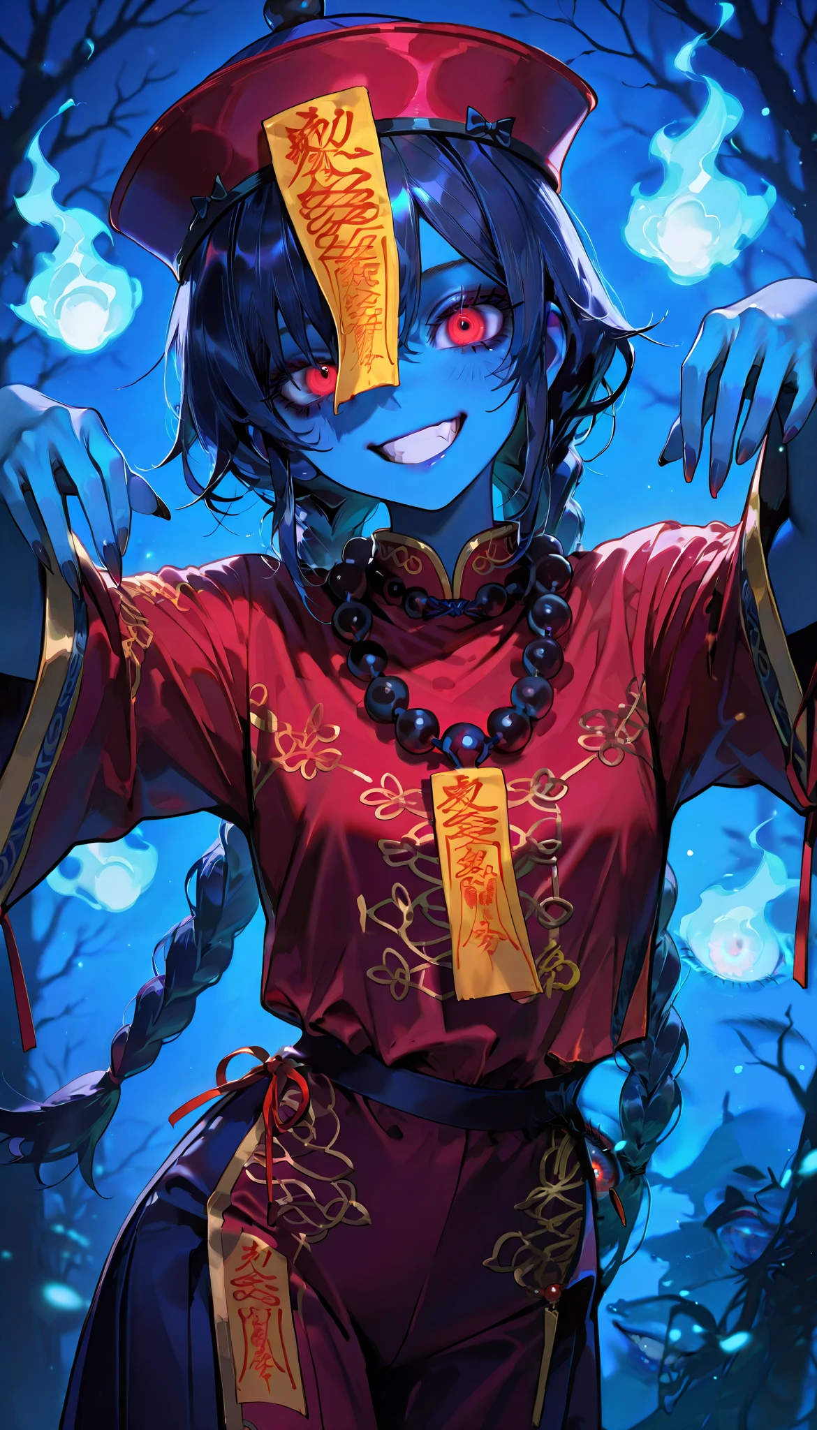 ( masterpiece, ultra high definition , Top Quality , clear focus , shadow, Ultra High Resolution, 8k, Perfect Anatomy) , perfect face, ( detailed face ), ( detailed eyes ), beautiful woman, adult woman, natural lights, ((jiangshi girl)), (jiangshi talisman on face, Mala Bead necklace, braided hair), (red eyes, dark blue hair, cheeky grin, dynamic angle, cute pose), (((blue skin all over, fully clothes))), dark forest background, solo, alone, 1woman