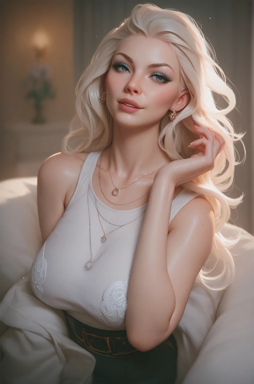 Inna Korobkina, the beautiful model, she is 28 years old today. She is a Peixes sign, standing at 1.65m tall, and weighing 50kg. Her skin color is white, and she has green eyes, blond hair, long hair length, small bust, small waist, and large hips. She is wearing a Flowing white dress adorned with intricate silver embroidery, complemented by delicate silver jewelry look, in a Studio with black screen for an elegant and sophisticated style setting, striking a Full-body photo, sitting on a chair, legs crossed pose. , red lips, chromatic aberration abuse, UHD, retina, masterpiece, accurate, anatomically correct, textured skin, super detail, high details, high quality, award-winning, best quality, high-res, 1080P, HD, 4K, 8K, 16K --q 5