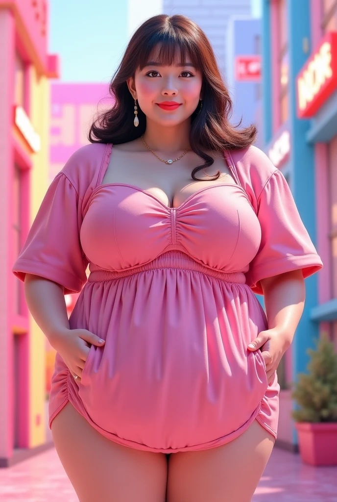 tiktok photo of 37 years old bengali curvy plus size woman in standing position head to thigh view, big m-cup breasts, she has a jiggly fat round belly, thick body, curvy plus size figure,big m-cup breasts , big m-cup breasts,cleavage, cleavage, big waist, big hips, sexy curve,front facing to camera, closeup, RAW, masterpiece, realistic, hyper realistic, muted color, film grain, looking at viewer, polo's pastel perfection looking 80s casual soft collars, fascinating, wearing Magenta dress flower, beautiful shopping mall background