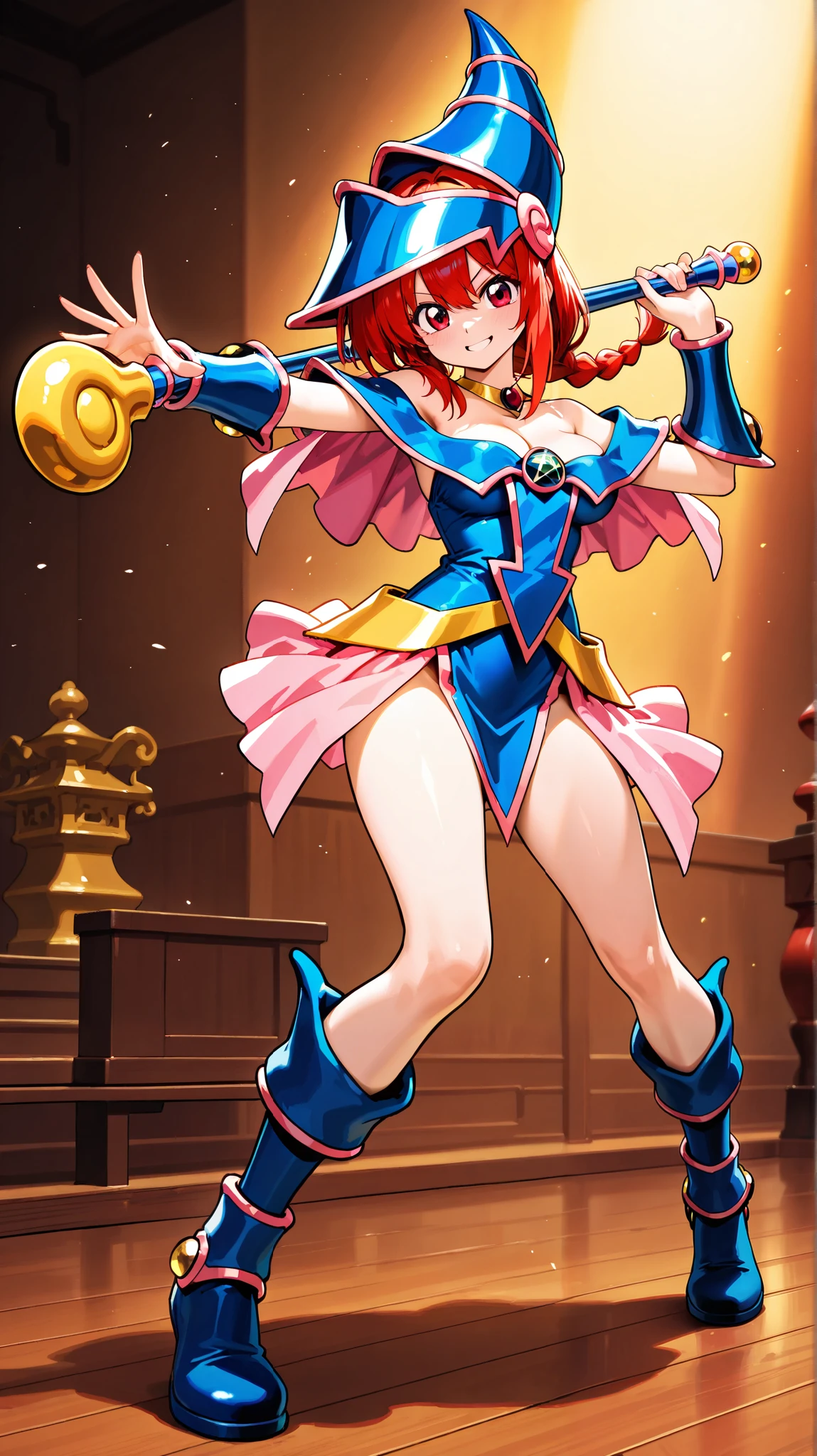 best quality,<lora:add_detail:0.3>, (1girl, solo, adult female, mature female), <lora:concept_goodHands:1>, <lora:detailed_eyes:1>,
<lora:character_frankieFoster_(frankie foster):1>, redhead, ponytail, green eyes, piercing, hair ornament, hairclip,
muscular, biceps, leg muscles, abs, thigh muscles, large breasts,
magical girl, leotard, cameltoe, frills, thigh gap, magical girl pose, open mouth, laughing, smile, makeup, magical girl headgear, skirt, (magic background, magic circle background), jumping