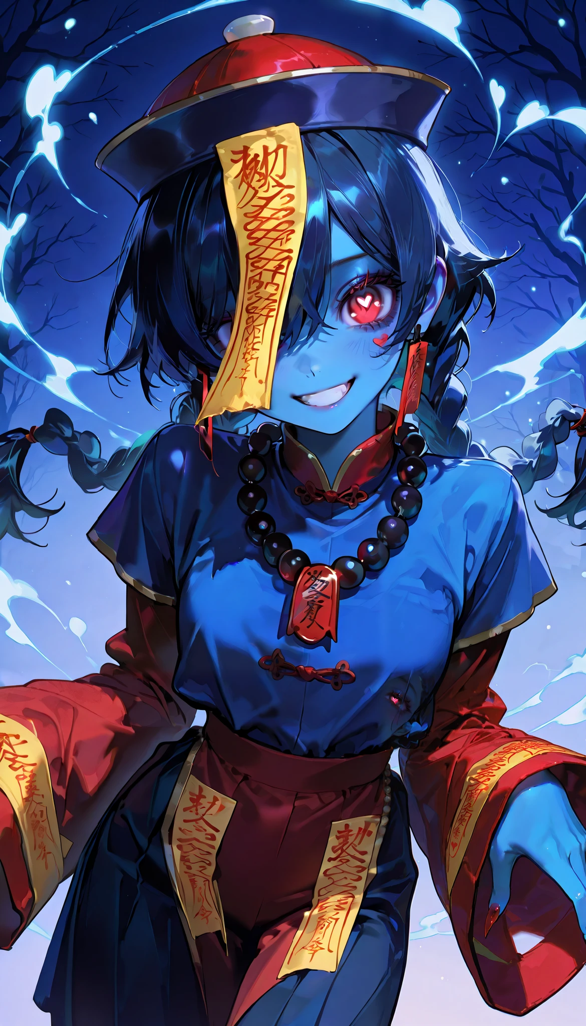 ( masterpiece, ultra high definition , Top Quality , clear focus , shadow, Ultra High Resolution, 8k, Perfect Anatomy) , perfect face, ( detailed face ), ( detailed eyes ), beautiful woman, adult woman, natural lights, ((jiangshi girl)), (jiangshi talisman on face, Mala Bead necklace, braided hair, heart symbols floating in the air), (red eyes, heart-shaped pupils, dark blue hair, cheeky grin, dynamic angle), (((blue skin all over, fully clothes))), dark forest background, solo, alone, 1woman