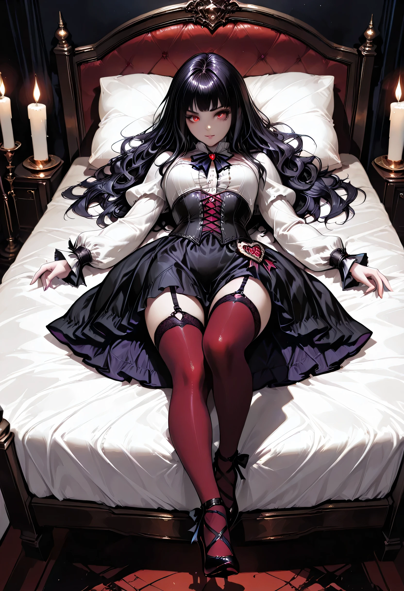  A model shot of an exquisite beautiful  goth 1solo female vampire, ultra feminine, full body, busty woman, most beautiful face, glowing red eyes, long hair, wavy hair, wearing black silk corset, red stockings, wearing intricate high heels, lying in bed, light make up, modern day goth bedroom background, lit by candles, there stains of blood on the bed, RAW, award winning, of black and white filter, 1960s photoshoot style, picture taken from dynamic range, ultra wide shot, photorealism, depth of field, hyper realistic, 2.5 rendering, Cinematic Shot, commix style, Vampire Dress