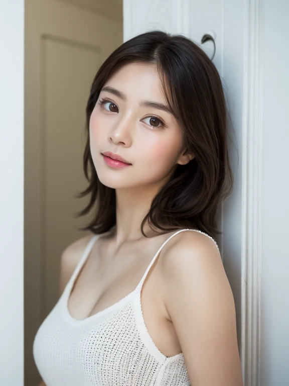 8K, top-quality, masterpiece, realisitic, Photorealsitic, ultra-detailliert, Natural sunlight, mideum breasts, I can see the cleavage, light blue V-neck knit, 1 persons, 35-year-old woman, (look at a camera), (Look from the front), beautiful hairl, Floating hair, Pendants, extremely detailed face and skin, A detailed eye, extremely detailed face and skin
