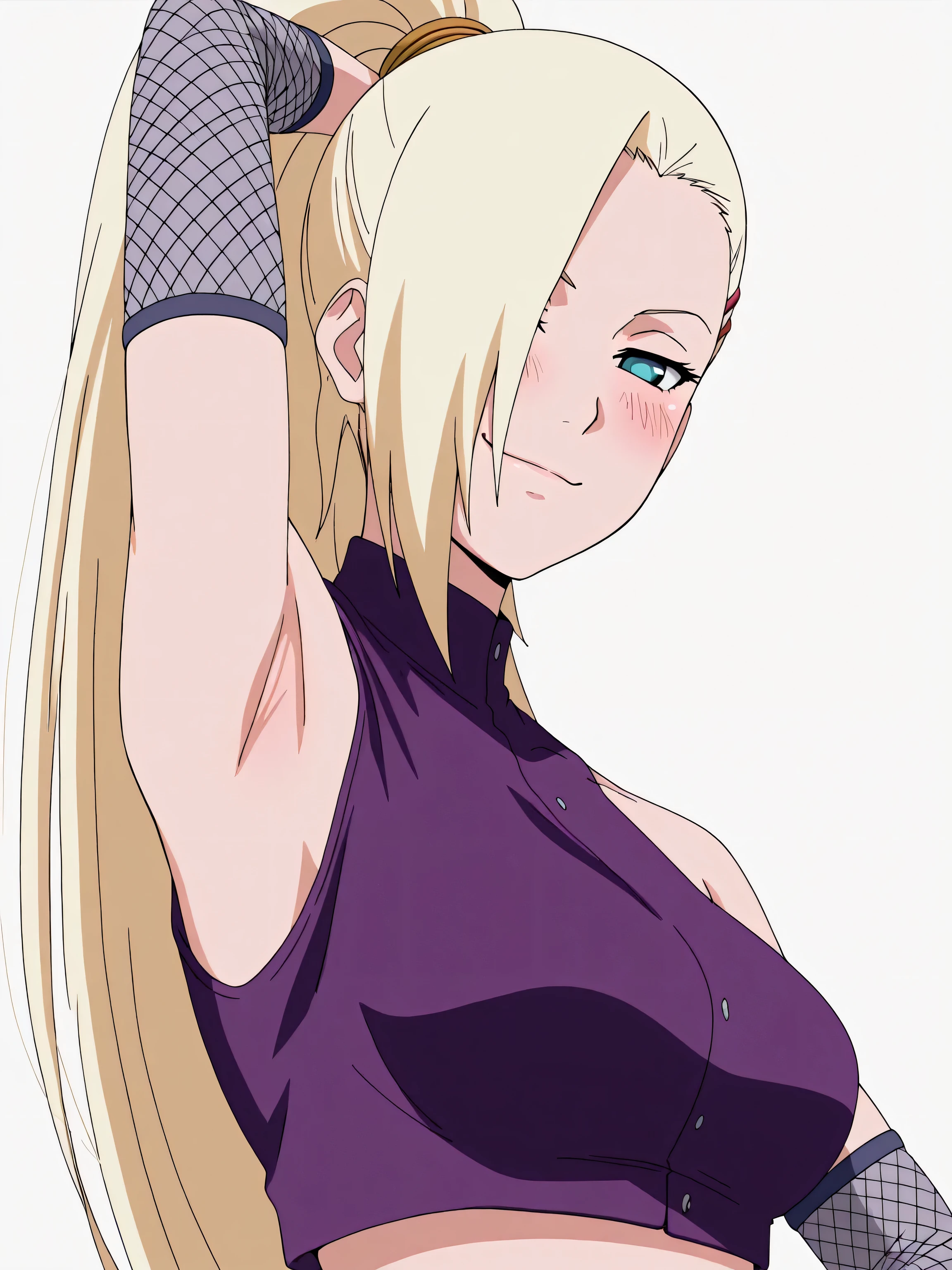masterpiece, best quality, amazing quality, anime screencap, anime coloring, 1girl, solo, InoShipuuden, blonde hair, high ponytail, hair over one eye, midriff, fishnets, crop top, breasts, blue eyes, bare shoulders, arm behind head, armpit, head towards viewer, looking at viewer, smile, smug, blush, closed mouth, (front light:1.1), white background, simple background, from side, half-closed eyes, elbow warmers