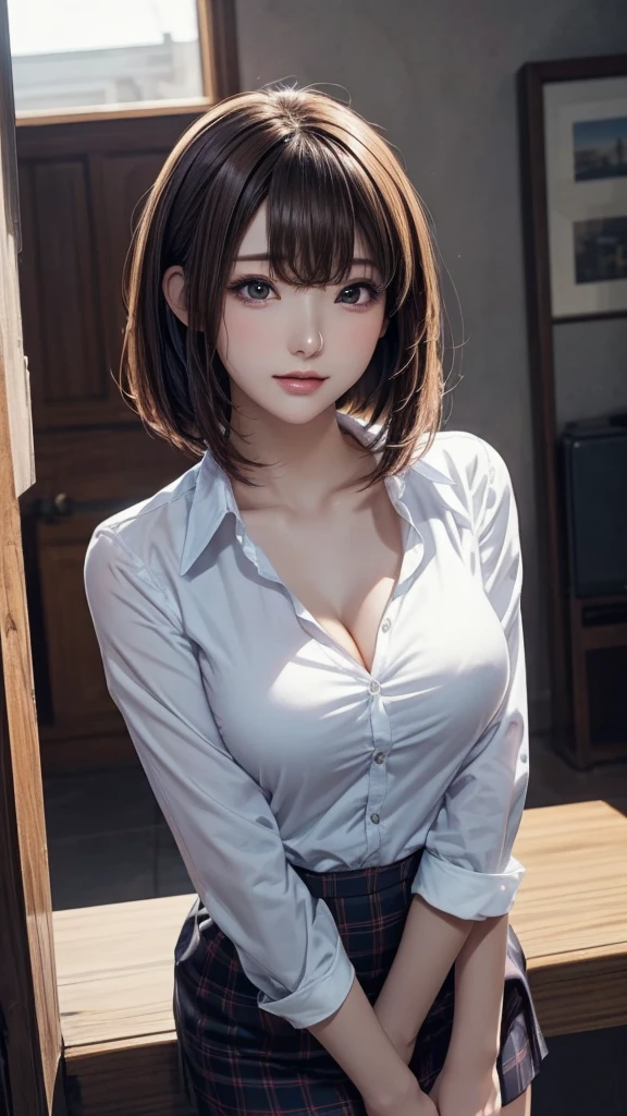 photo realistic, anime style, (8k, RAW photo, best quality, masterpiece:1.2), High detail RAW color photo, professional photograph, cowboy shot, (realistic, photo realistic:1.37),cinematic light, (finery detailed face:1.2), cowboy shot, thigh 1 girl in bath, 28-38 years old, very cute, very beautiful, photo realistic, event companion, BREAK, white oily skin, real human skin, (detailed face), oval face, pores, round eyes:1.0, ultra high res, BREAK, slim, (medium-large-breast:1.37, cleavage:1.37), (looking straight at viewer with a serene and goddess-like happiness:1.2), (lifter gloss, eyelashes, gloss-face, best quality, ultra highres, Broad lighting, natural shading), (beautiful thin short hair, wavy pony-tail hair style:1.5, shiny-black hair:1.5), BREAK, (esthetician uniform:1.3, blue satin shirt;1.3, open shirt:1.3, magenta-lace-bra:1.3, red knee-length satin-pencil-skirt:1.3), BREAK, ((detailed bedroom view:1.3, on bed:1.3, night room:1.5)), ((light smile, open mouth:1.5, humid, in heat, blush, seductive emotion, aroused)), ((from below:1.3, all fours:1.3, kneeling:1.3, hands between legs, leaning forward)), blurry background, bokeh, depth of field, cowboy shot:1.3, centered image,