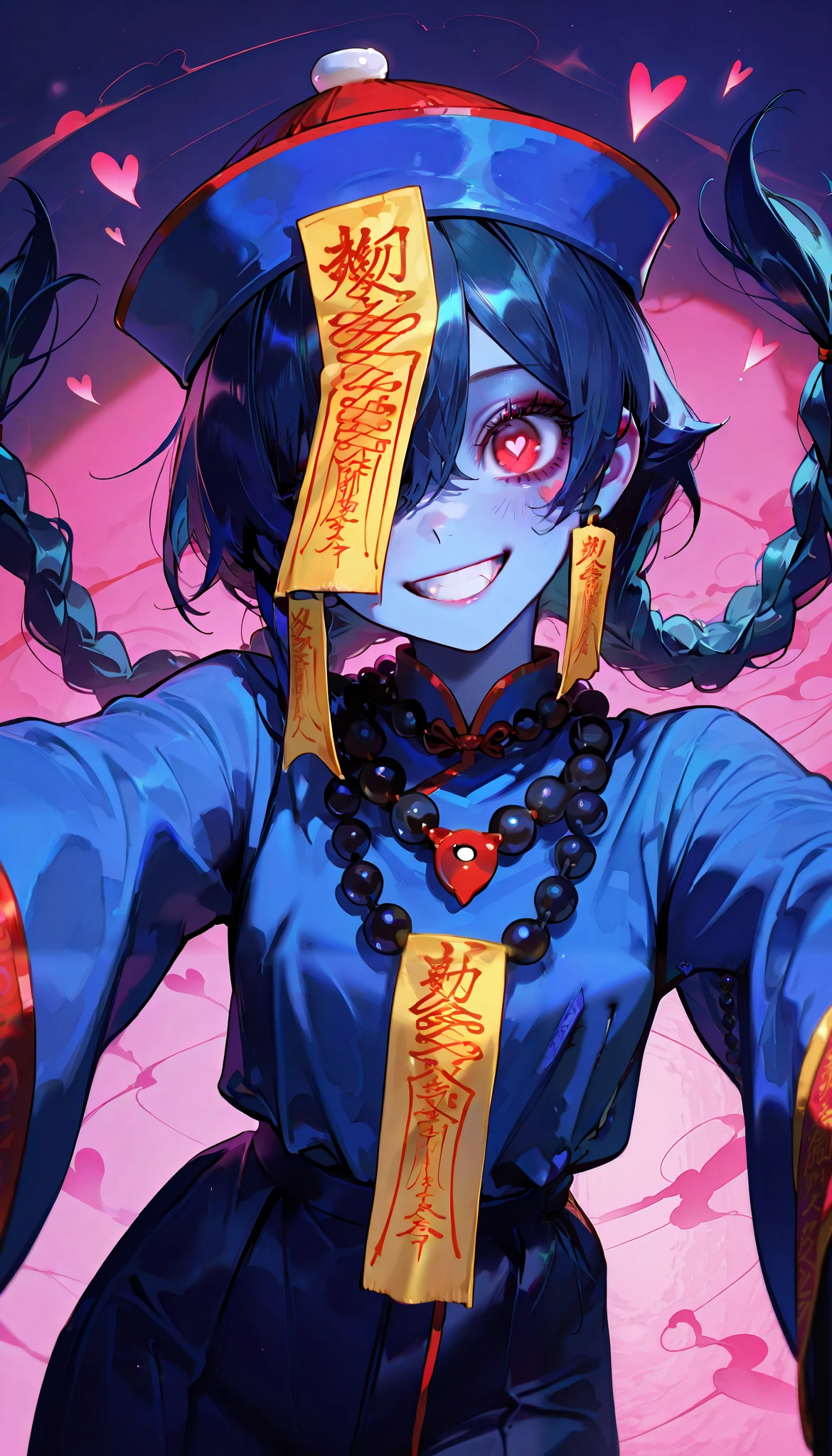 ( masterpiece, ultra high definition , Top Quality , clear focus , shadow, Ultra High Resolution, 8k, Perfect Anatomy) , perfect face, ( detailed face ), ( detailed eyes ), beautiful woman, adult woman, natural lights, ((jiangshi girl)), (jiangshi talisman on face, Mala Bead necklace, braided hair, heart symbols floating in the air), (red eyes, heart-shaped pupils, dark blue hair, cheeky grin, dynamic angle), (((blue skin all over, fully clothes))), dark forest background, solo, alone, 1woman