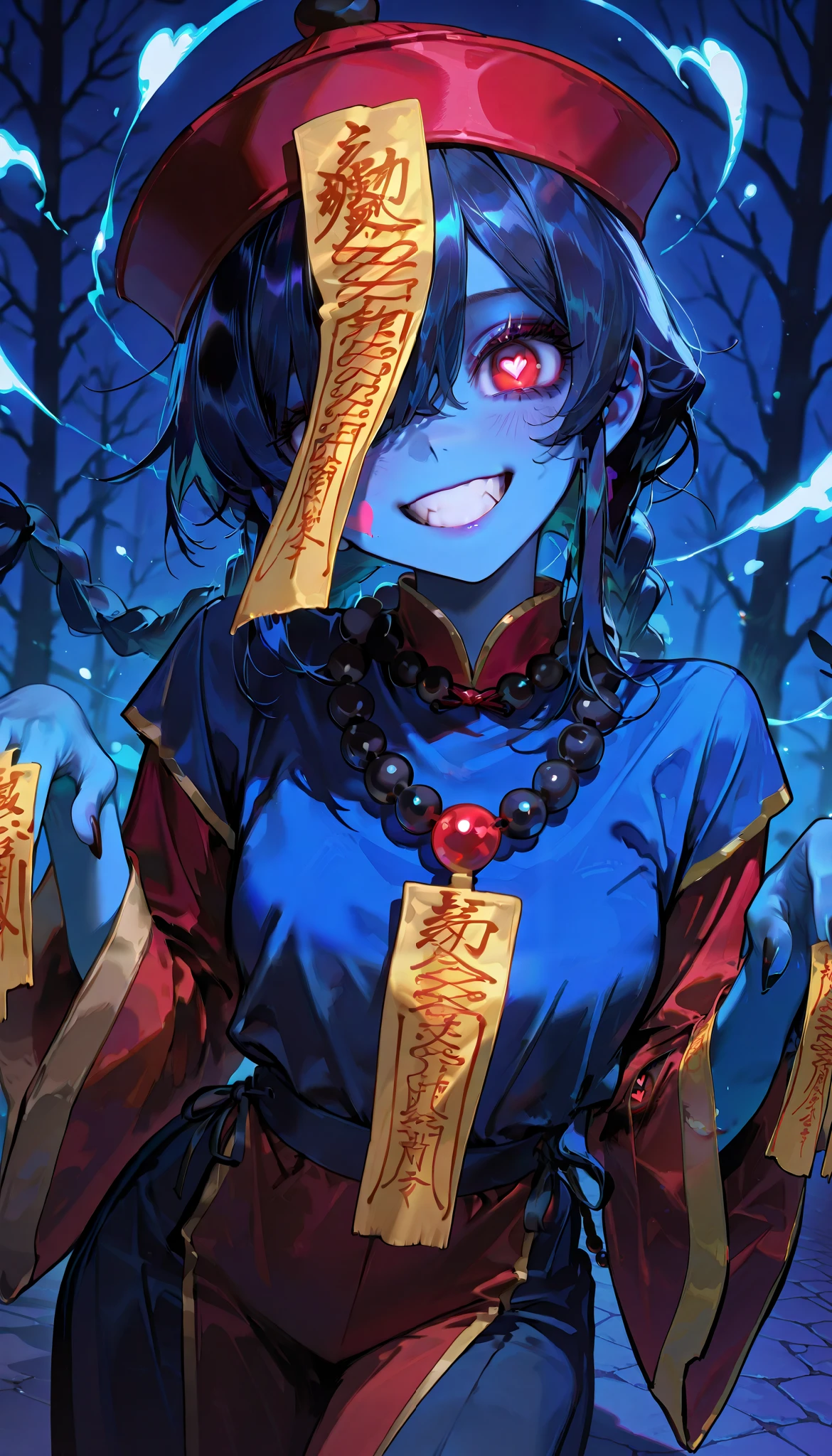 ( masterpiece, ultra high definition , Top Quality , clear focus , shadow, Ultra High Resolution, 8k, Perfect Anatomy) , perfect face, ( detailed face ), ( detailed eyes ), beautiful woman, adult woman, natural lights, ((jiangshi girl)), (jiangshi talisman on face, Mala Bead necklace, braided hair, heart symbols floating in the air), (red eyes, heart-shaped pupils, dark blue hair, cheeky grin, dynamic angle), (((blue skin all over, fully clothes))), dark forest background, solo, alone, 1woman