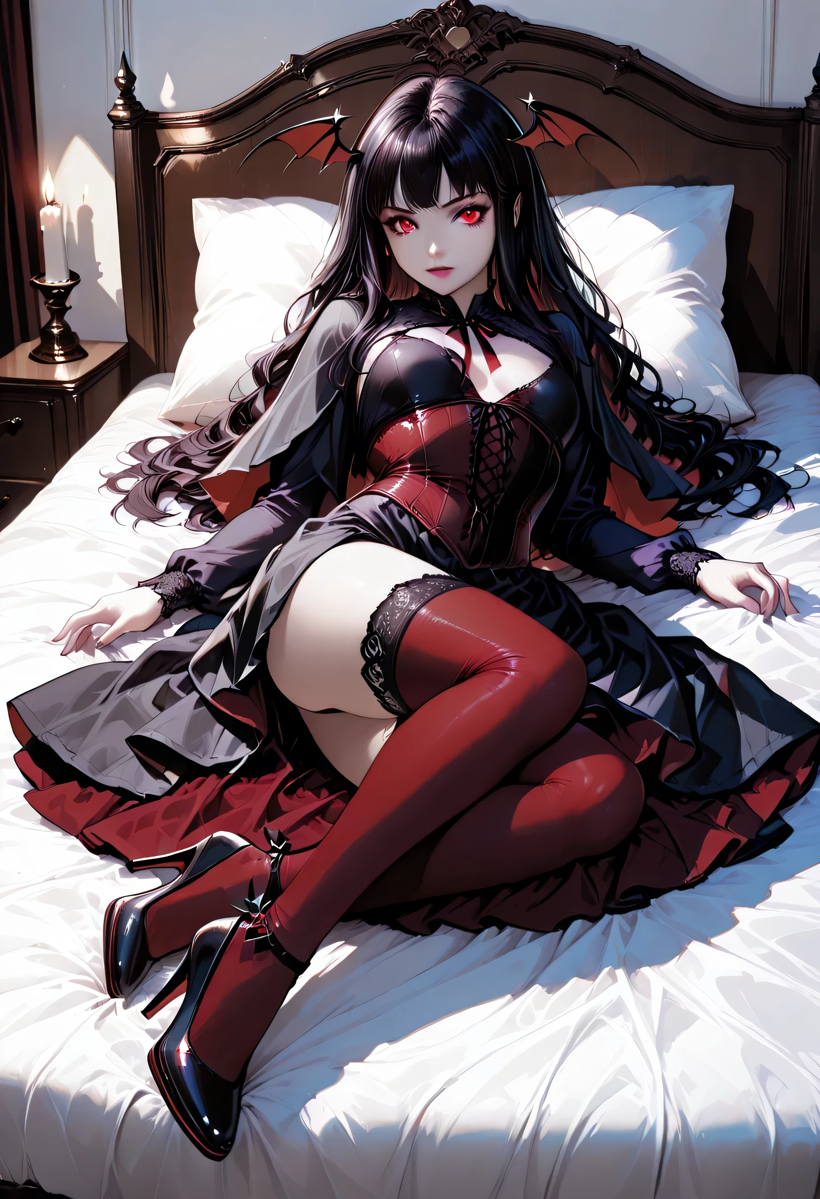 A model shot of an exquisite beautiful goth 1solo female vampire, ultra feminine, full body, busty woman, most beautiful face, glowing red eyes, long hair, wavy hair, wearing black silk corset, red stockings, wearing intricate high heels, lying in bed, light make up, modern day goth bedroom background, lit by candles, there are stains of blood on the bed, RAW, award winning, of black and white filter, 1960s photoshoot style, picture taken from dynamic range, ultra wide shot, photorealism, depth of field, hyper realistic, 2.5 rendering, Cinematic Shot, commix style, Vampire Dress, fantasy