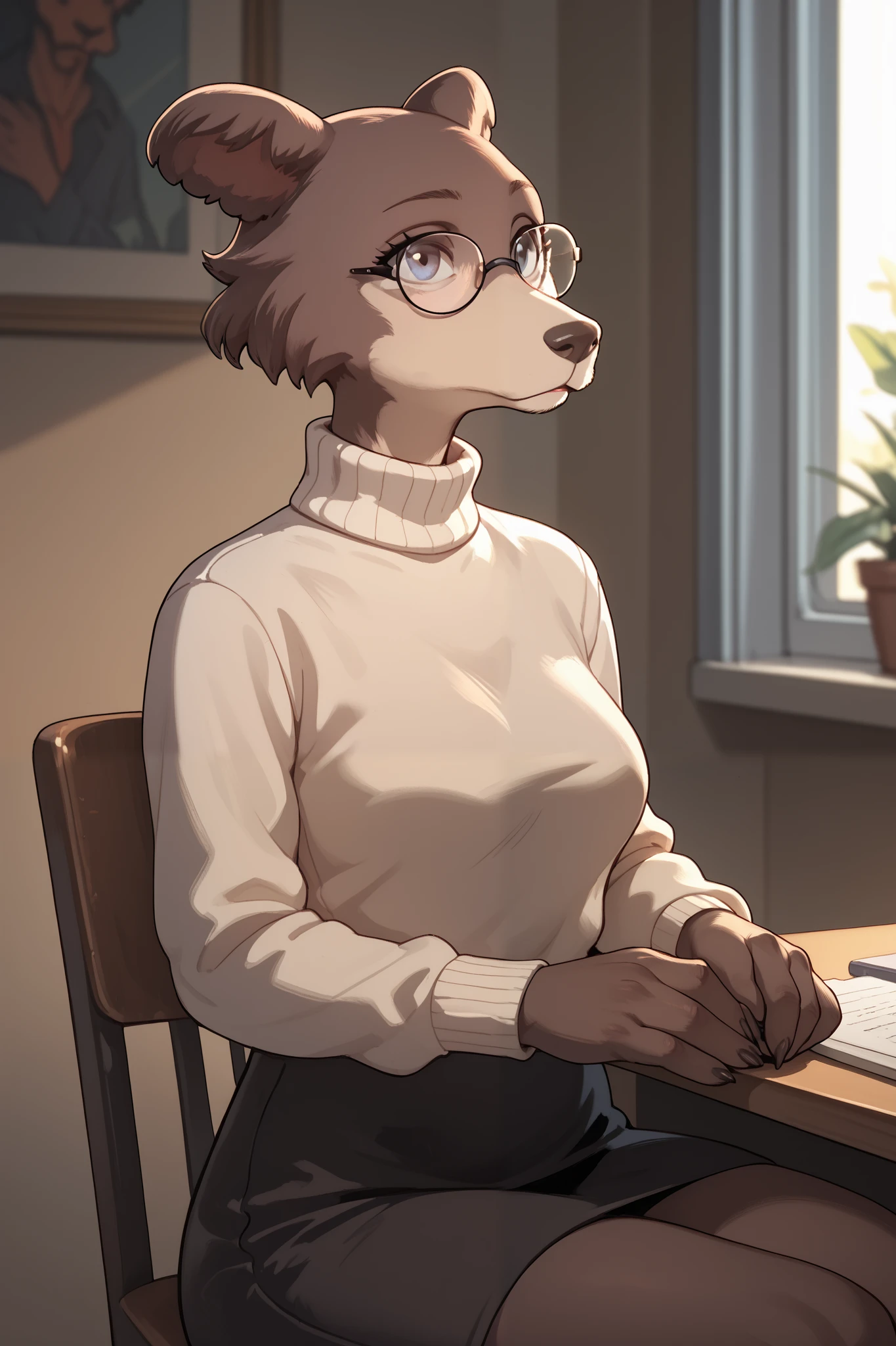 room, sitting in a chair, Anthropomorphic wolf, brown fur, turtleneck, chest, thin glasses,