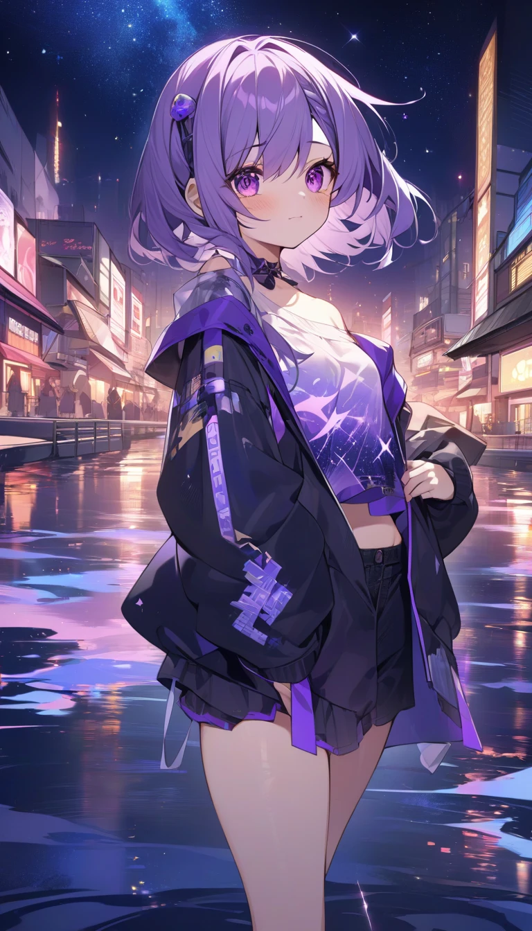 anime girl is wearing aesthetic outfit with a text "amethyst" on her clothes, in citylights background