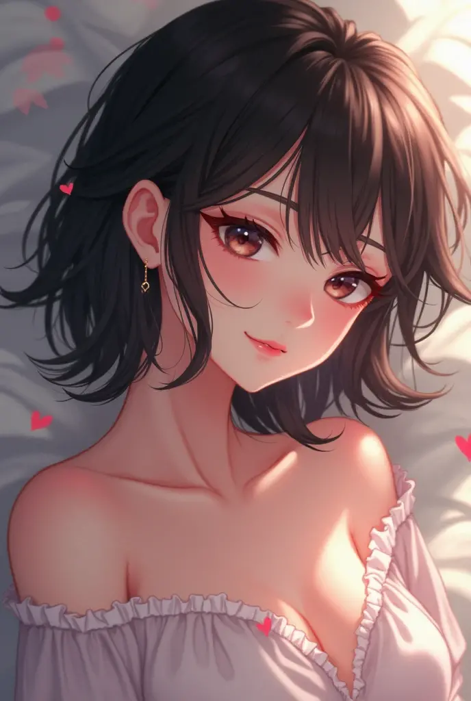 Close up shot, cute , black hair in two medium ponytails, sexy eyes, intense eye contact, small nose, red lips, orgasmic face, neck, collarbone, loose dark pink t shirt, bare shoulder, lying in bed, bed, bedroom, dark room, one lamp,, in bed