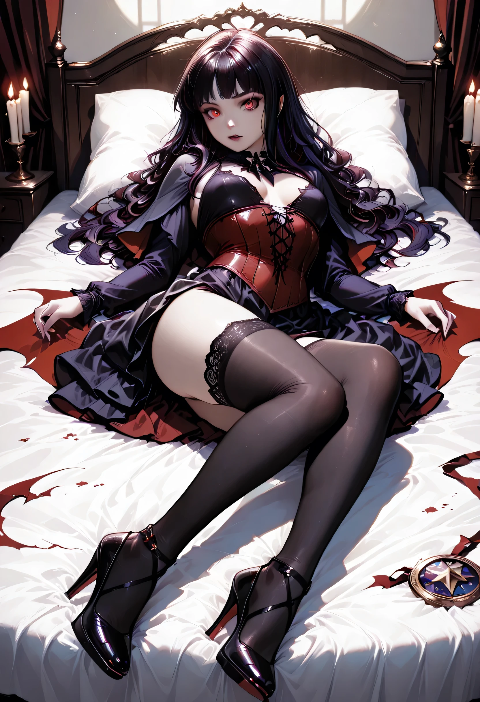 A model shot of an exquisite beautiful goth 1solo female vampire, ultra feminine, full body, busty woman, most beautiful face, glowing red eyes, long hair, wavy hair, wearing red silk corset, black stockings, wearing intricate high heels, lying in bed, light make up, modern day goth bedroom background, lit by candles, there are stains of blood on the bed, RAW, award winning, of black and white filter, 1960s photoshoot style, picture taken from dynamic range, ultra wide shot, photorealism, depth of field, hyper realistic, 2.5 rendering, Cinematic Shot, commix style, Vampire Dress, fantasy