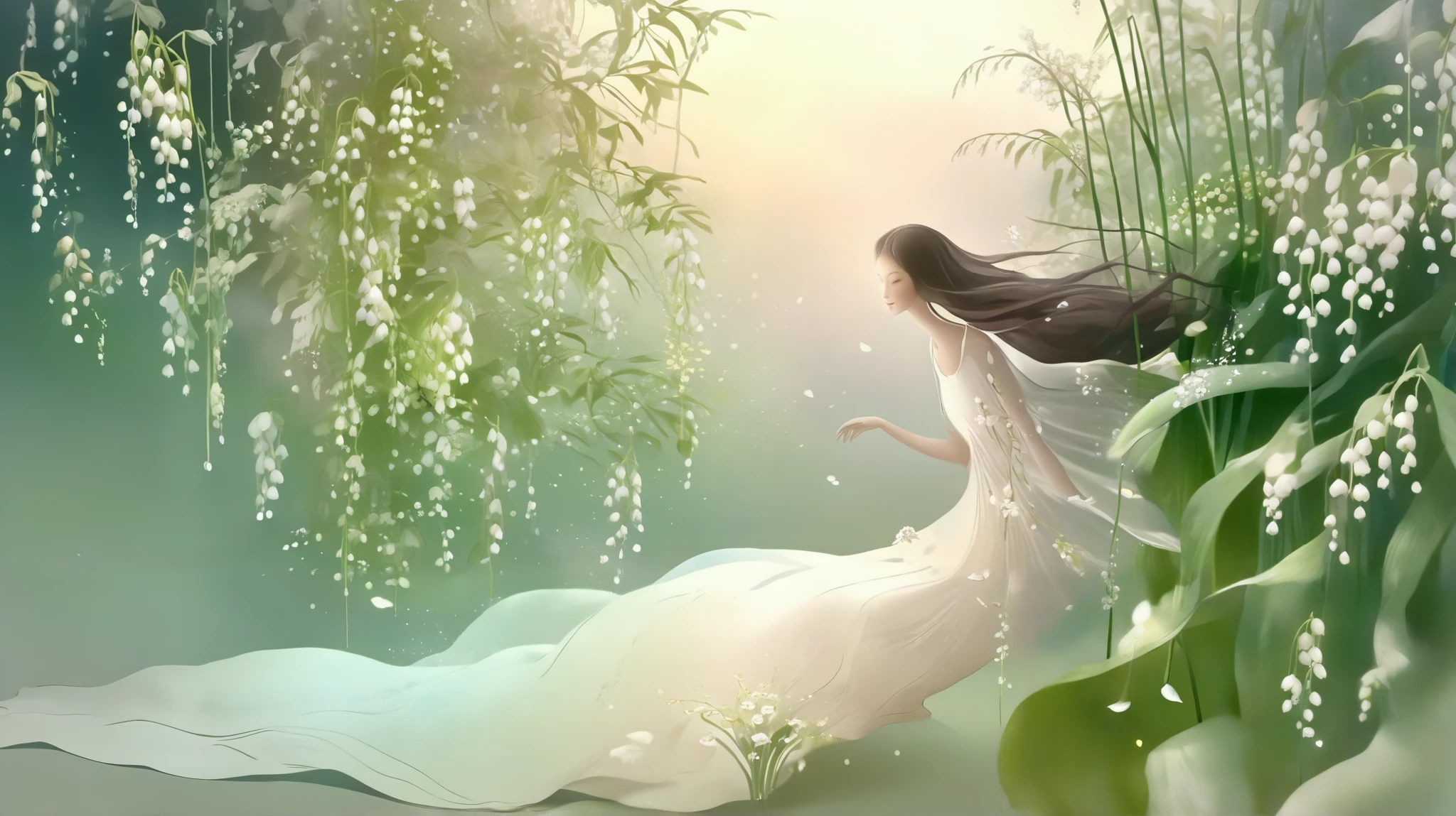 loish and pascal campion art, an ethereal scene of lily of the valley blooming soft white bell-flowers gently drooping like tiny tranlucent porcelain chimes, their fragrance lingering in the silver air. A quiet breeze stirs the leaves, dew glistening like pearls on stems, while warm morning light filters through a veil of haze, creating halos of glow around each flower. A young woman in a flowing rose dress stands nearby, eyes closed, as if listening to the chime of unseen spirits. The scene radiates sweetness and grace, with the stillness of a dream just before waking. Subject: lily of the valley in a soft morning glade 8k resolution, delicate light diffusion, pale tuquoise and coral palette, gentle movement, glowing vignette, traditional Japanese sensibility, surreal ambiance, ephemeral mood, trending on ArtStation, dreamlike stillness, floral symbolism, subtle highlights