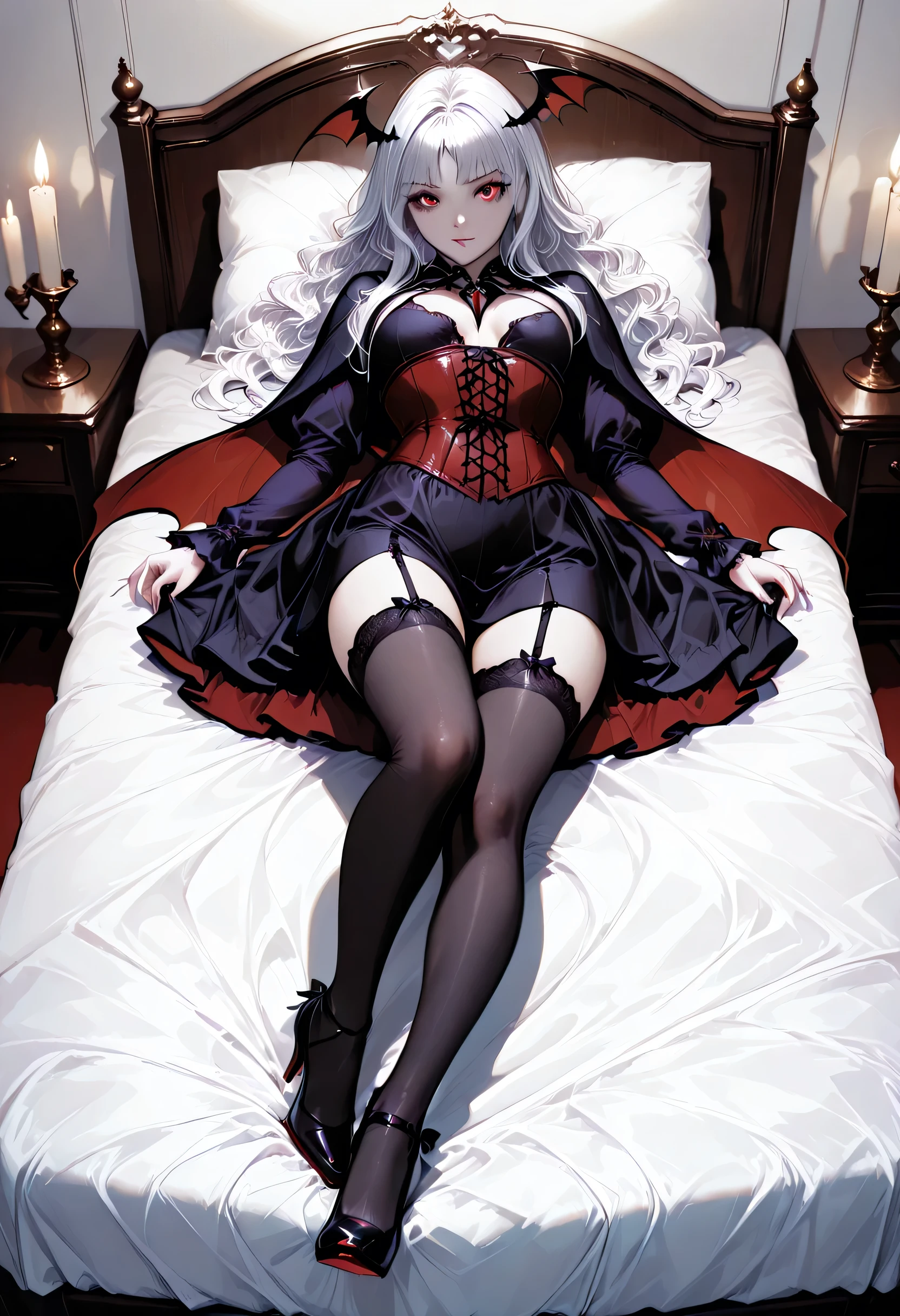 A model shot of an exquisite beautiful goth 1solo female vampire, ultra feminine, full body, busty woman, most beautiful face, glowing red eyes, long hair, wavy hair, wearing red silk corset, black stockings, wearing intricate high heels, lying in bed, light make up, modern day goth bedroom background, lit by candles, there are stains of blood on the bed, RAW, award winning, of black and white filter, 1960s photoshoot style, picture taken from dynamic range, ultra wide shot, photorealism, depth of field, hyper realistic, 2.5 rendering, Cinematic Shot, commix style, Vampire Dress, fantasy