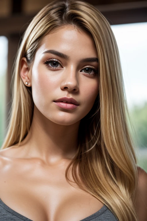 Masterpiece, realistic, highly detailed, best quality, (looking_at_viewer, young feminine 25 years woman, symmetric_face, very_cute_round_face_shape, short_face, small_face, young_face, big_breasts, short_body:1, rounded_chin+jaw, small_jaw, short_jaw, very_cute+very_feminine young_girl, tanned_skin, long_straight_hair, (light_blonde_hair), very_thin_eyebrows, very_thin_brows, round_thin_brows, round_thin_eyebrows, (brown_eyes), big_eyes:0.3, large_eyes:1.3, round_eyes:0.6, symmetric_eyes, mascara:0.8, makeup:1, slim_nose:1, feminine_prominent_cheekbones:1.2, slim_greek_nose, rounded_nose:1, thin_nose:1, thin_nostrils:1, thin_nose_bridge:0.5, thin_nose_tip:1, small_nose_tip:1, feminine_pink_lips, sensual_flirting_expression, wearing_turquoise_lingerie, white_backdrop),(big breasts:1.3)