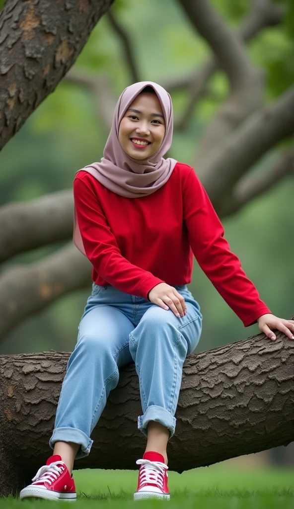 A young Indonesian woman wearing a Red hijab and a blue, Reed, green ,withe sweater, posing with a cheerful and relaxed expression by the riverside. She is standing next to a gently flowing river, Big Boobs surrounded by lush greenery and tall trees. The scene conveys a peaceful and natural atmosphere, capturing a moment of contentment and tranquility. Her pose is slightly dynamic, with one hand resting on her hip and the other lightly touching her hijab, adding a sense of casual elegance to the scene. 8K HD, Real Photografy